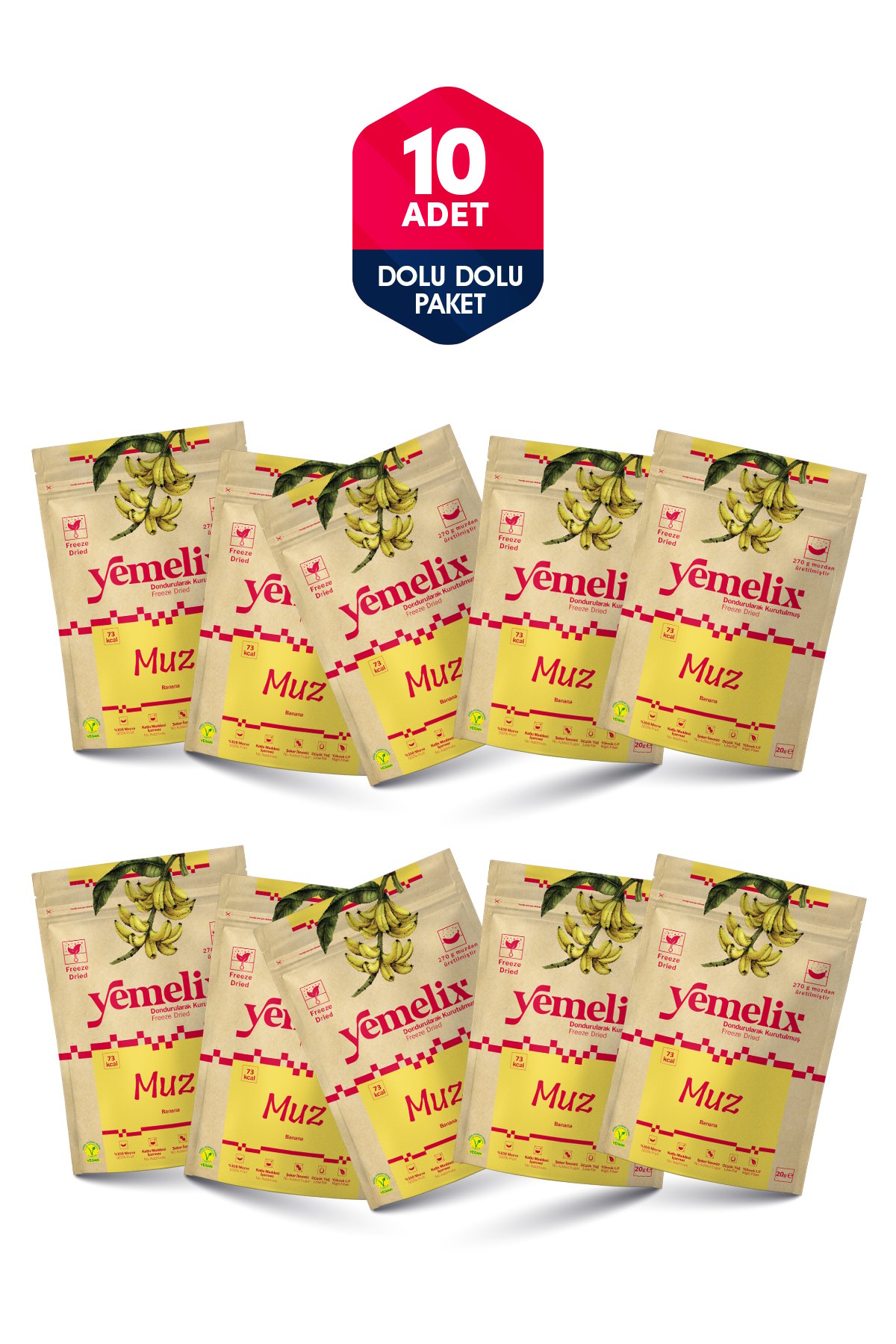 Freeze Dried 10'lu Dolu Dolu Paket Muz Kuru Meyve Cipsi - Dondurularak Kurutulmuş Muz 20Gx10