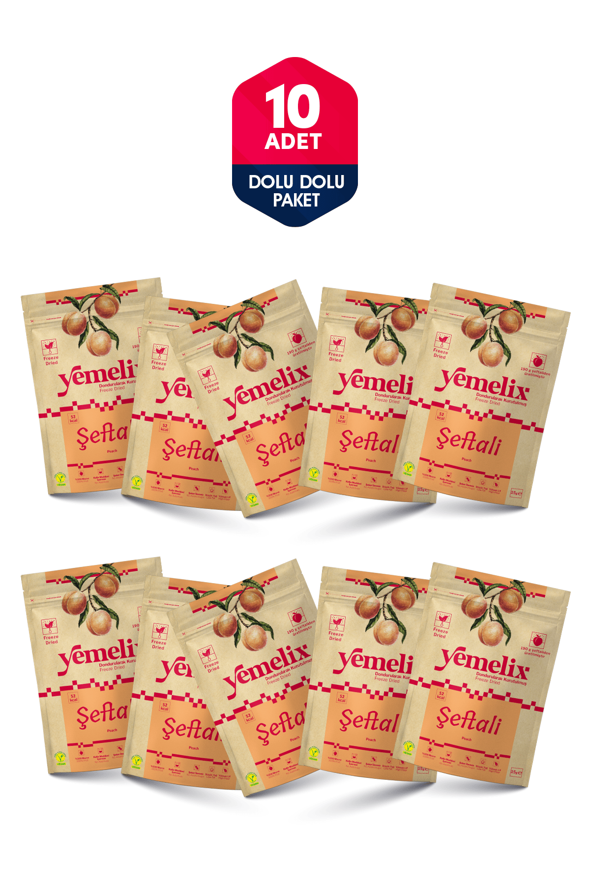 Freeze Dried 10'lu Dolu Dolu Paket Şeftali Kuru Meyve Cipsi - Dondurularak Kurutulmuş Şeftali 15Gx10