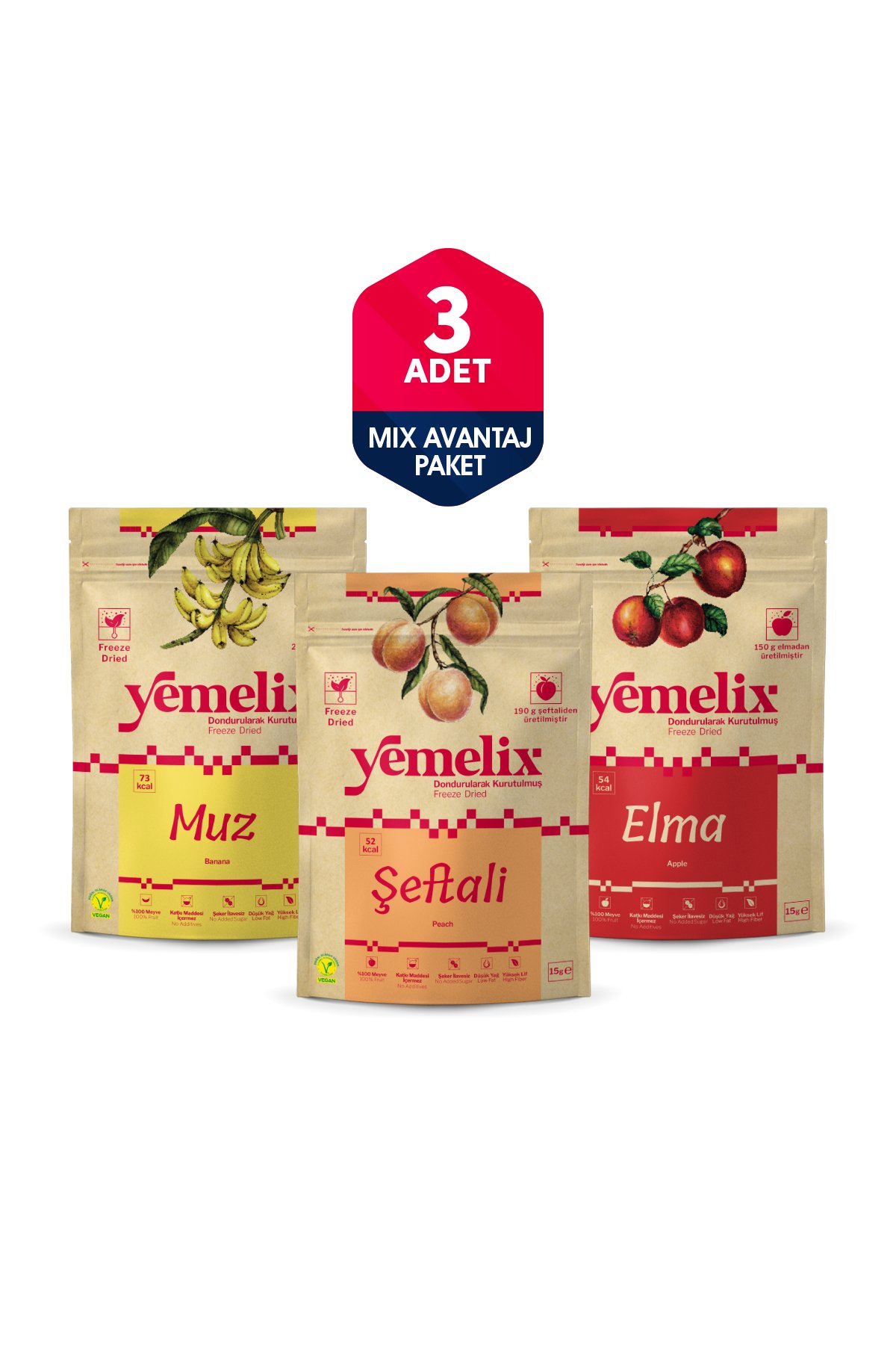Freeze Dried 3'lü Mix Avantaj Paketi Dondurularak Kurutulmuş Muz-Şeftali-Elma Kuru Meyve Cipsi
