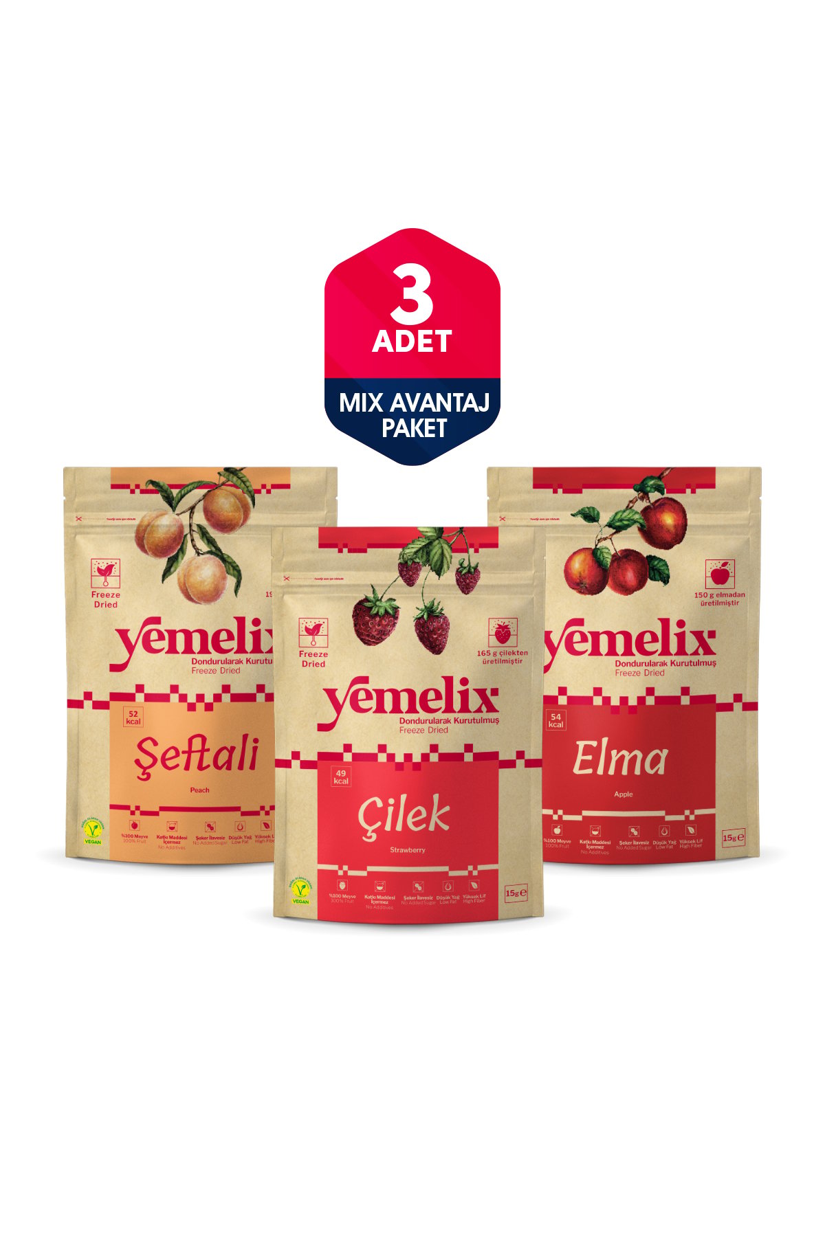Freeze Dried 3'lü Mix Avantaj Paketi Dondurularak Kurutulmuş Çilek-Şeftali-Elma Kuru Meyve Cipsi