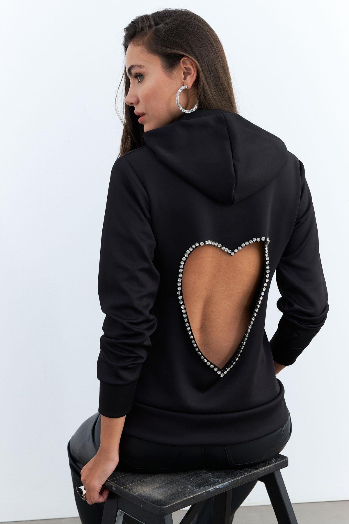 Kadın Beyaz Sırt Dekolteli Taşlı Sweatshirt BTH15