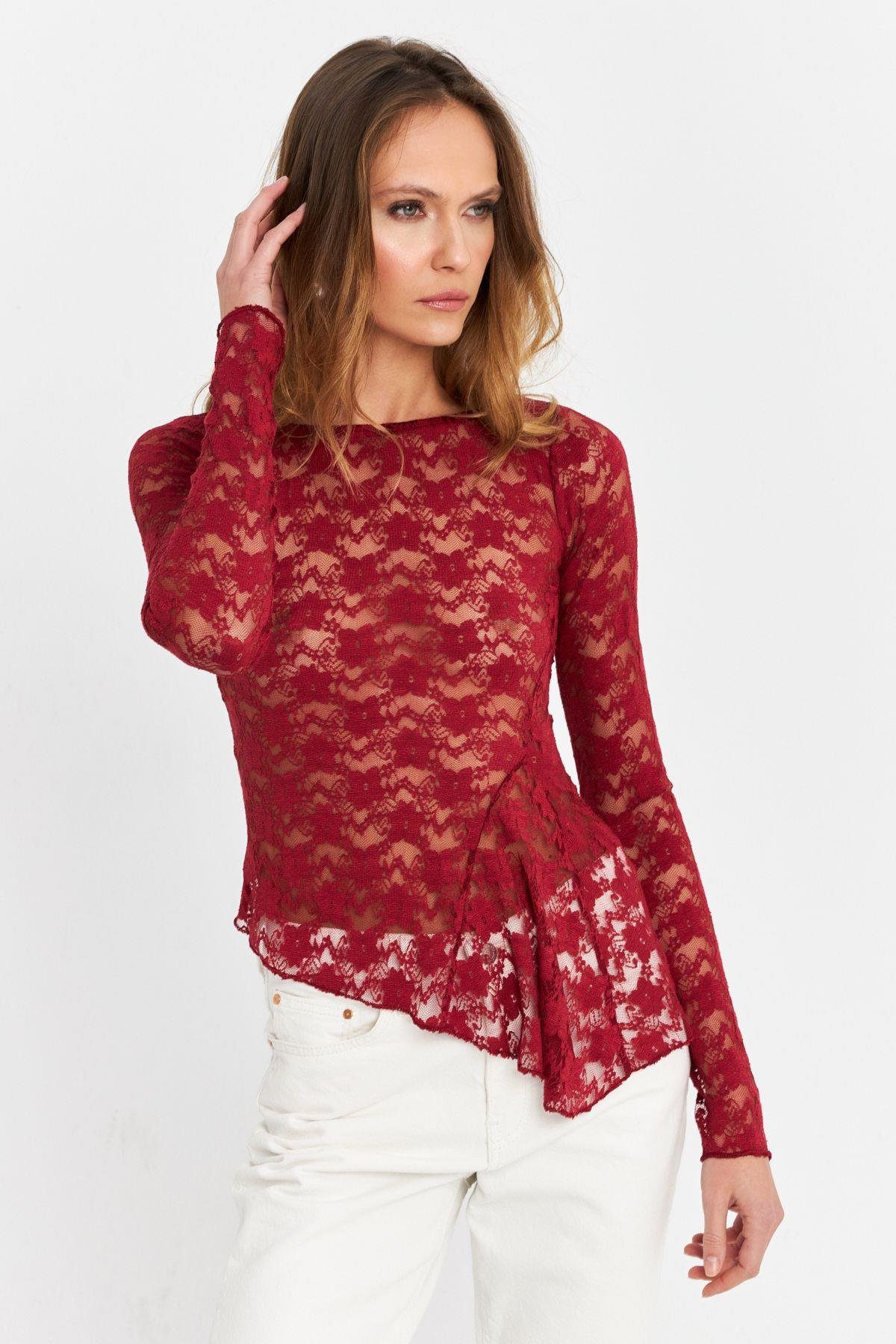 Kadın Bordo Asimetrik Dantel Bluz MTK13288