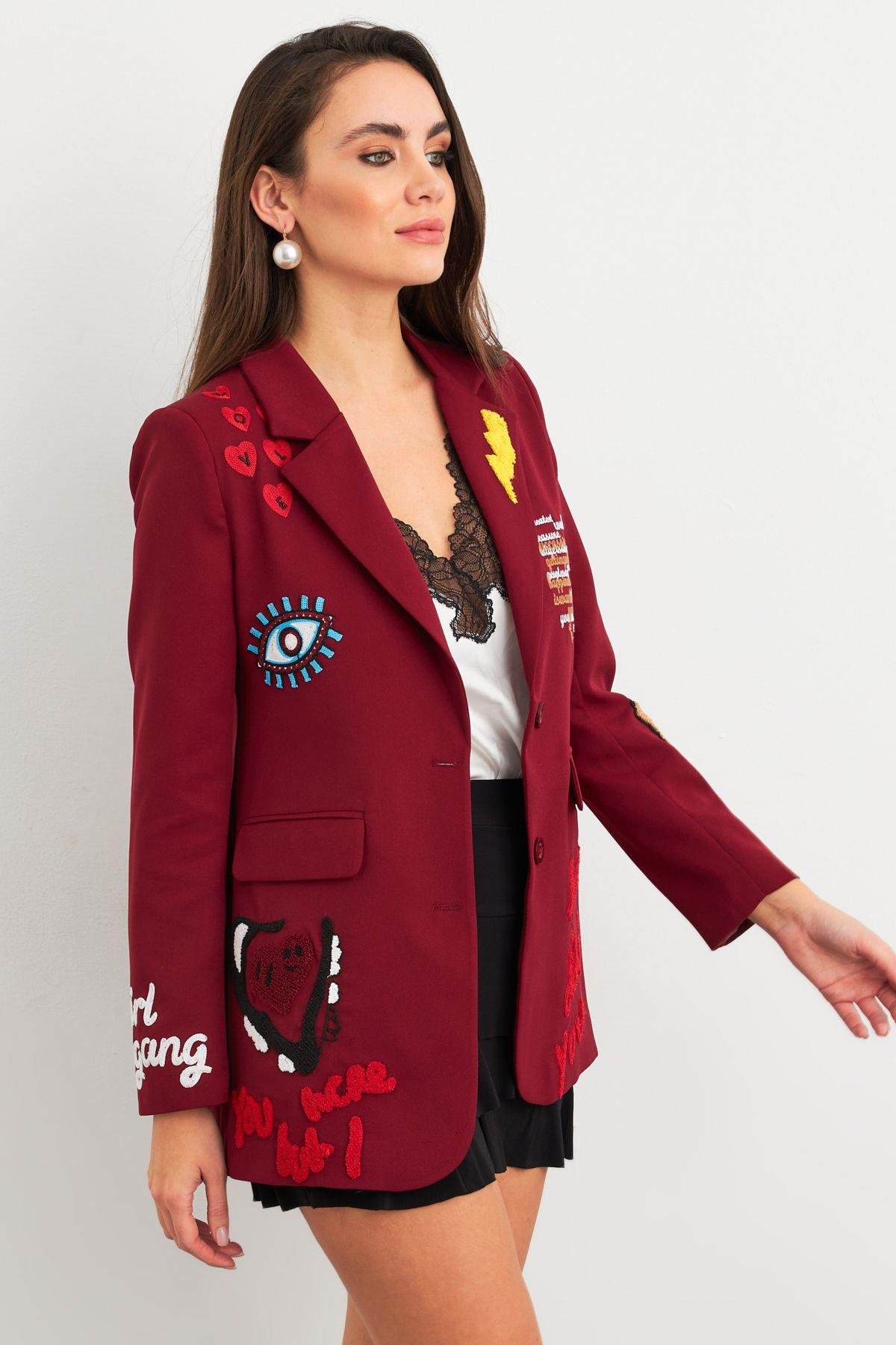 Kadın Bordo Nakışlı Premium Ceket EO100