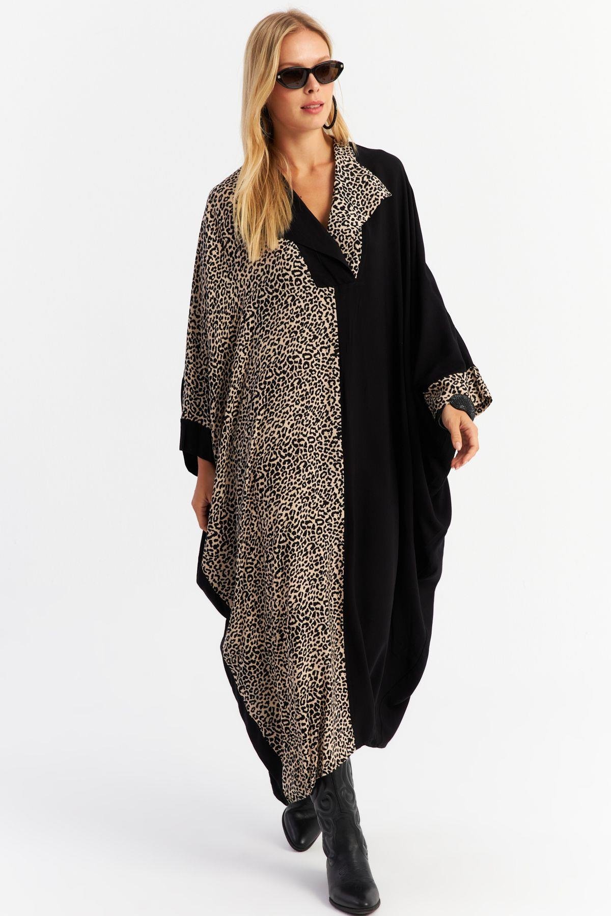 Kadın Camel-Siyah Leopar Bloklu Maxi Elbise MALO15