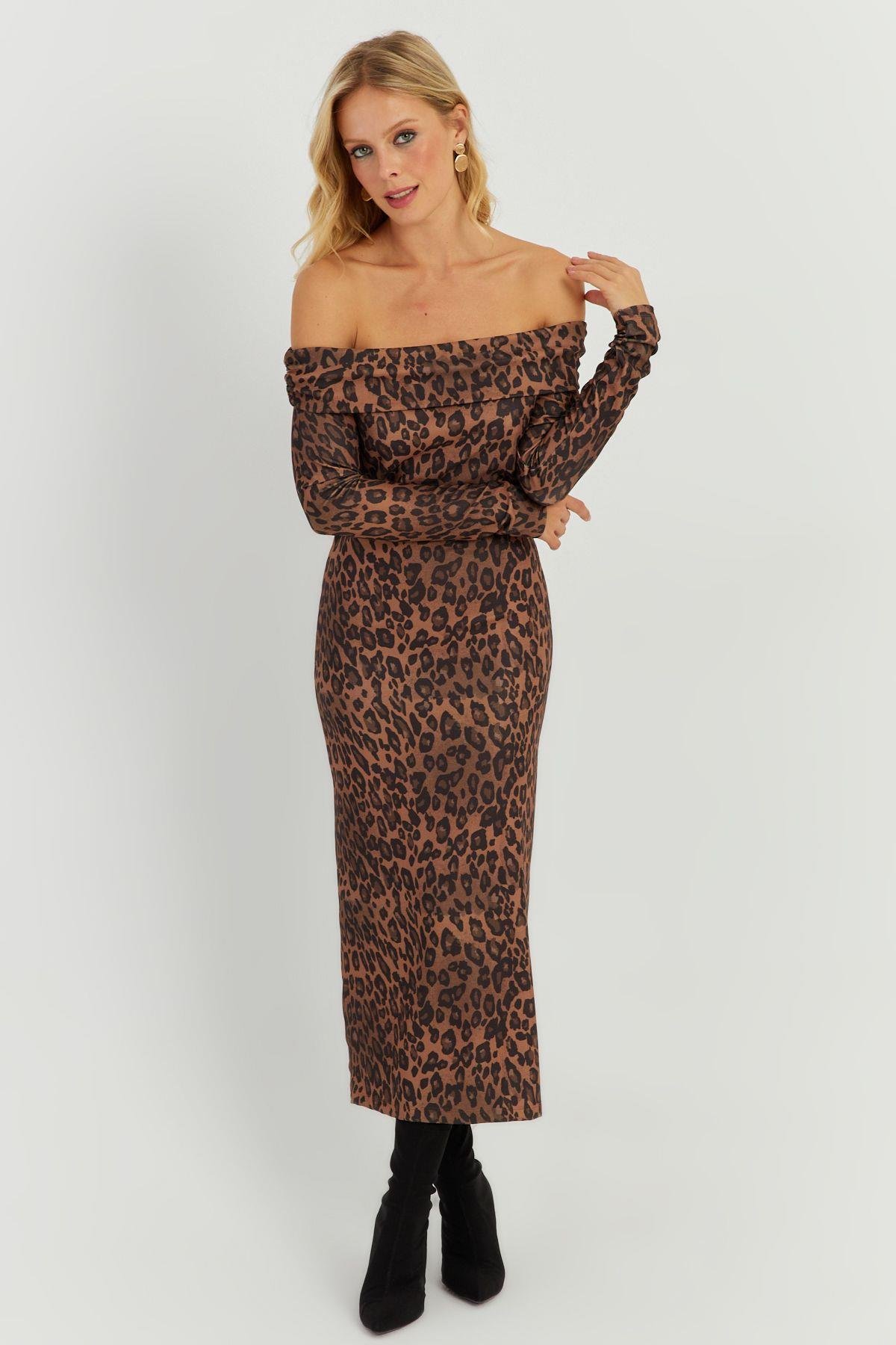 Kadın Camel-Siyah Leopar Madonna Midi Elbise RMZ21254