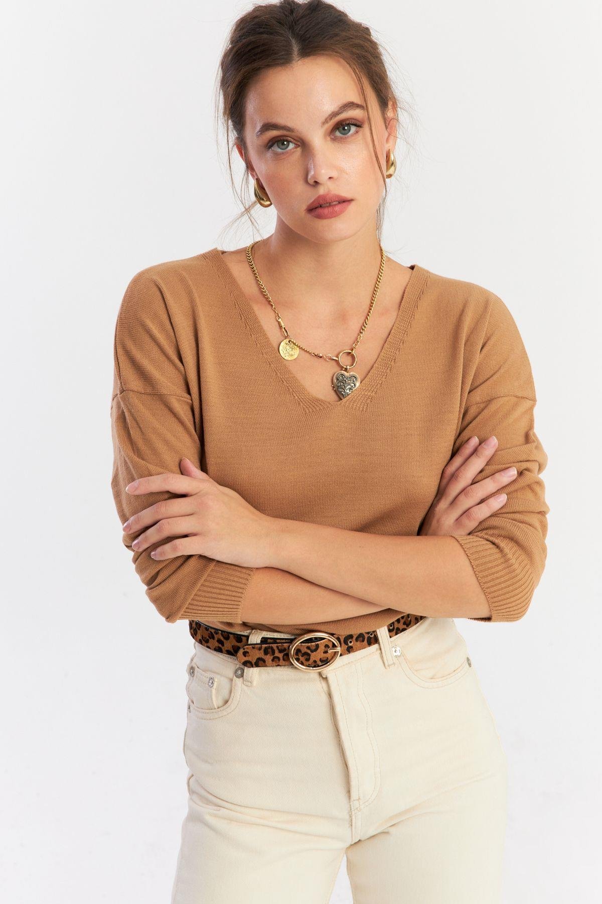 Kadın Camel V Yaka Yalaş Triko Bluz YİL552