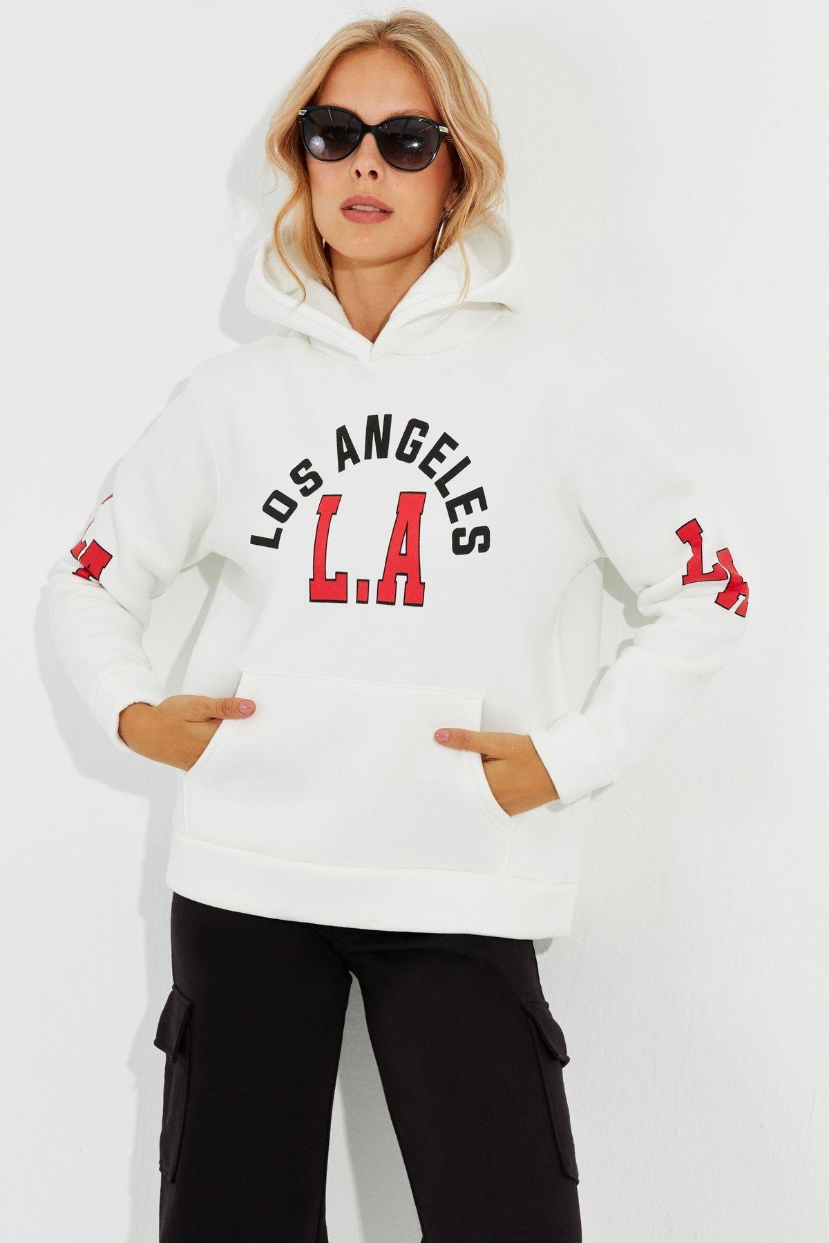 Kadın Ekru Baskılı Kapüşonlu Sweatshirt DA146