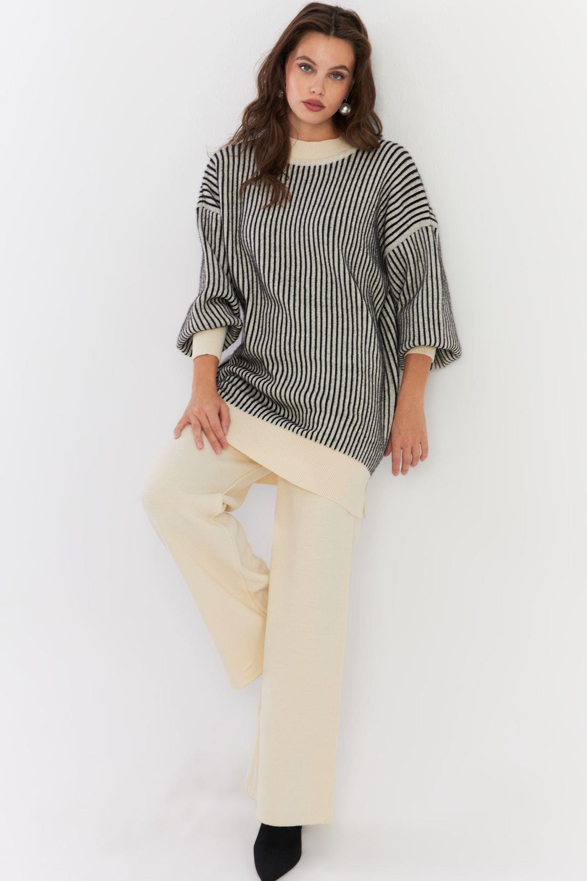 Kadın Ekru-Siyah Alt Üst Pantalon Triko Takım NUV35
