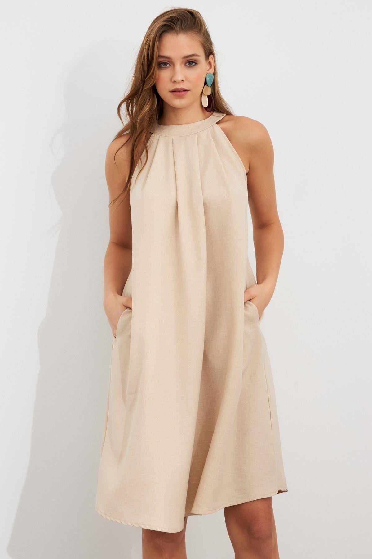 Kadın Kahverengi Halter Yaka Midi Elbise NH5029