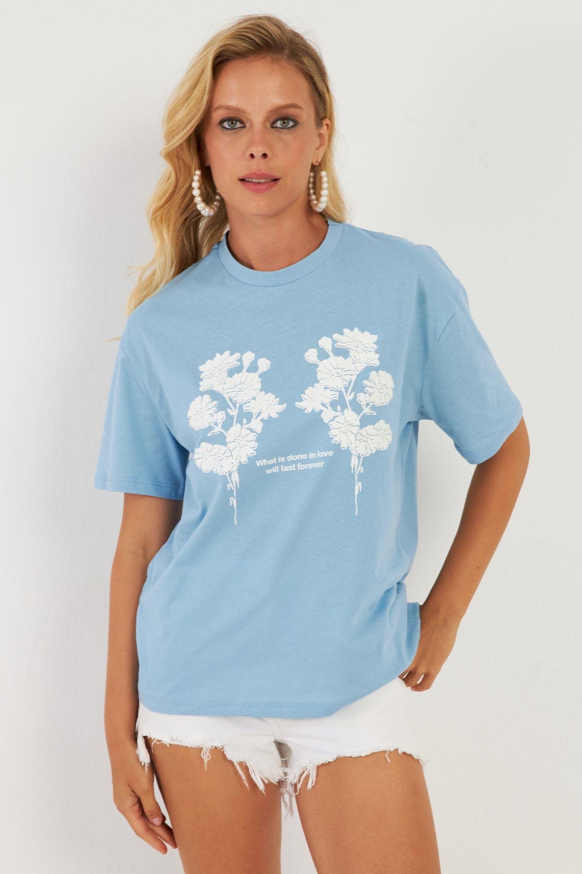 Kadın Mavi Baskılı T-Shirt AYD362