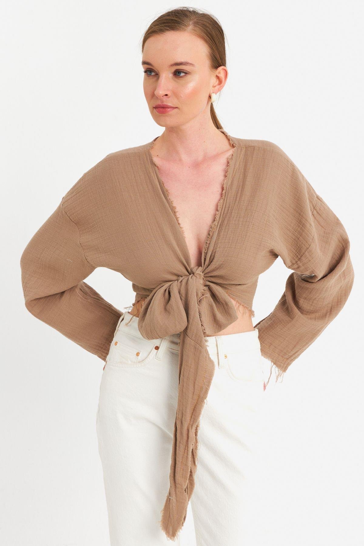 Kadın Mavi Müslin Crop Bluz PC20700