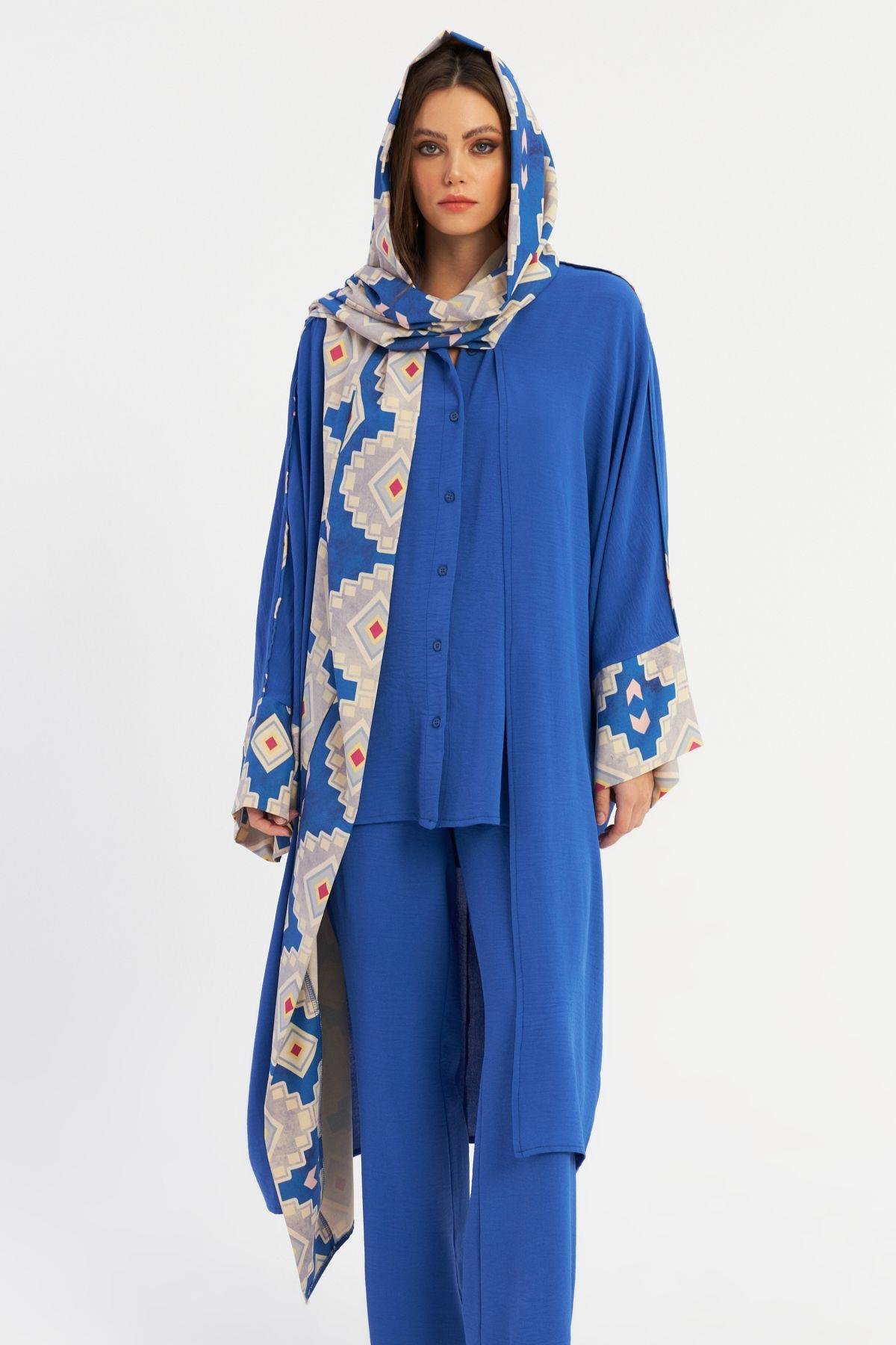 Kadın Saks Desenli Kapüşonlu Kaftan GÇ193