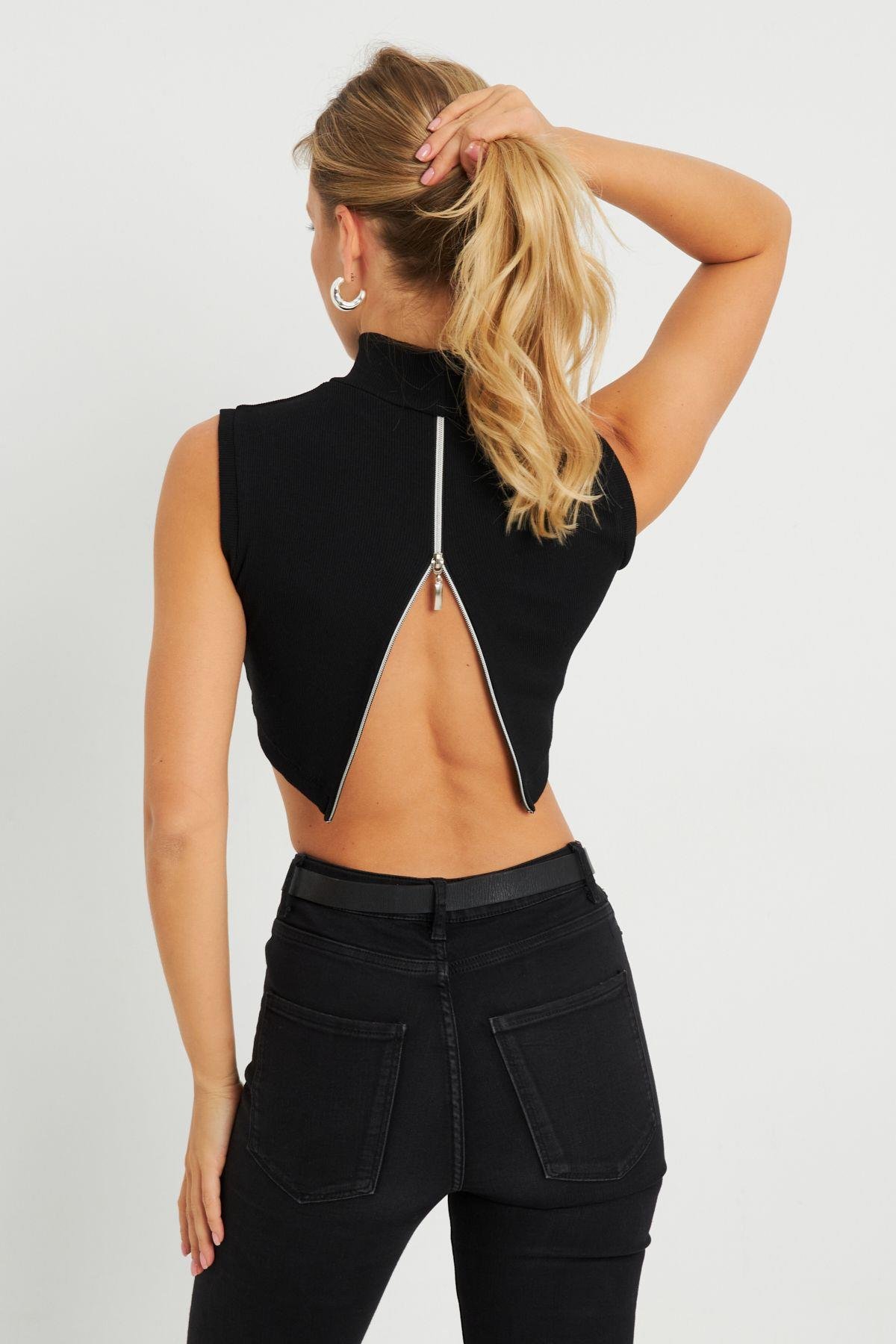 Kadın Sırt Fermuarlı Crop Bluz Siyah EY2730