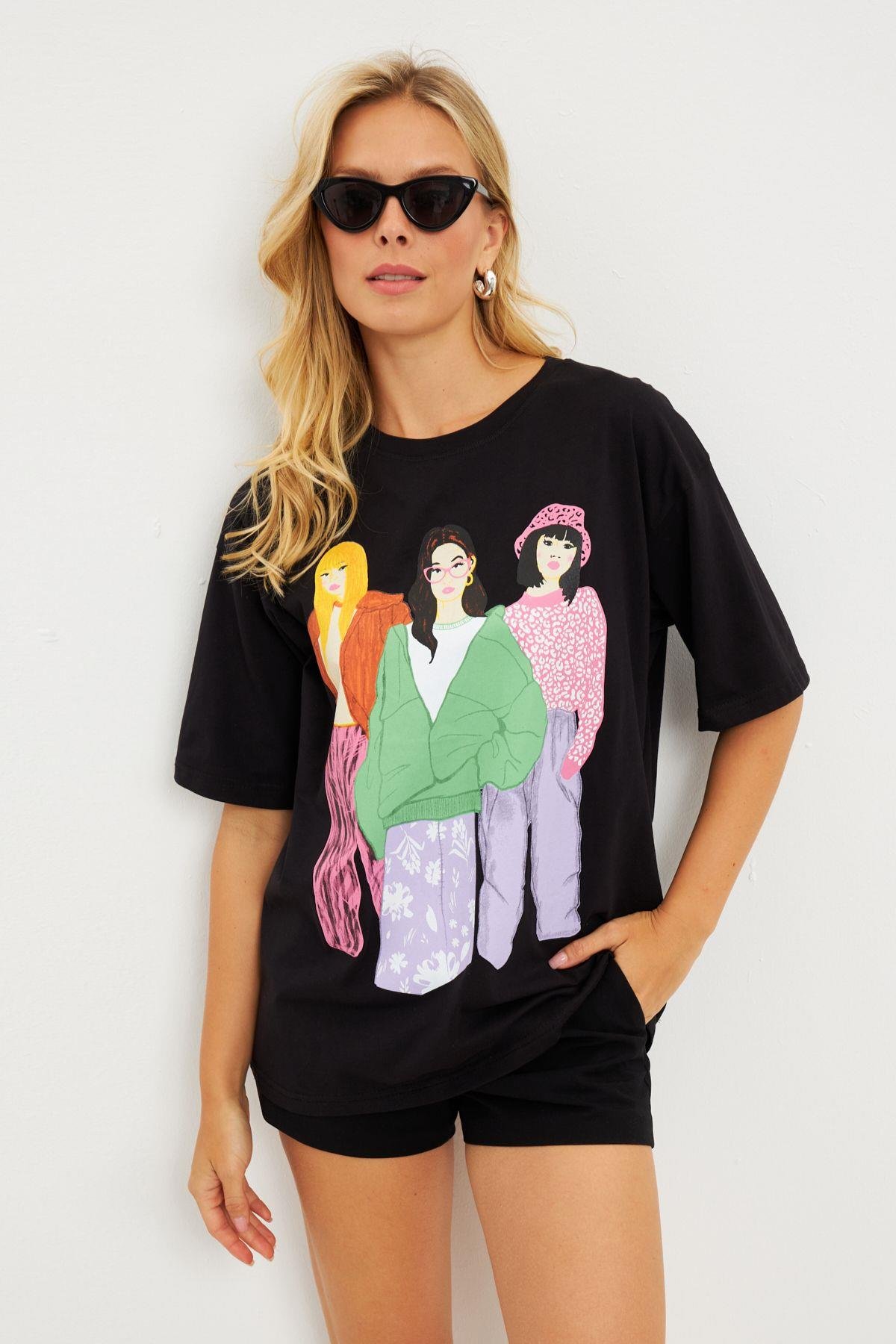 Kadın Siyah Baskılı T-Shirt DY1329