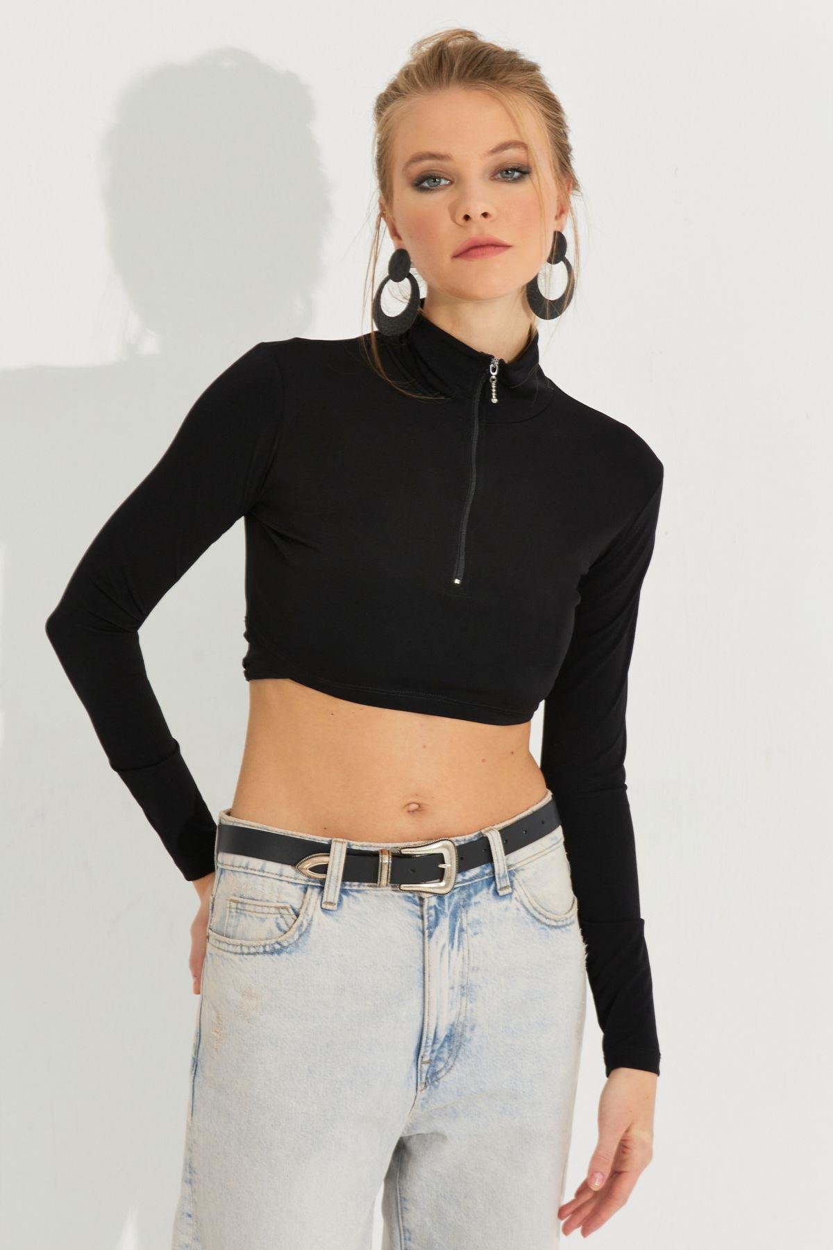 Kadın Siyah Fermuarlı Crop Bluz MEN2020