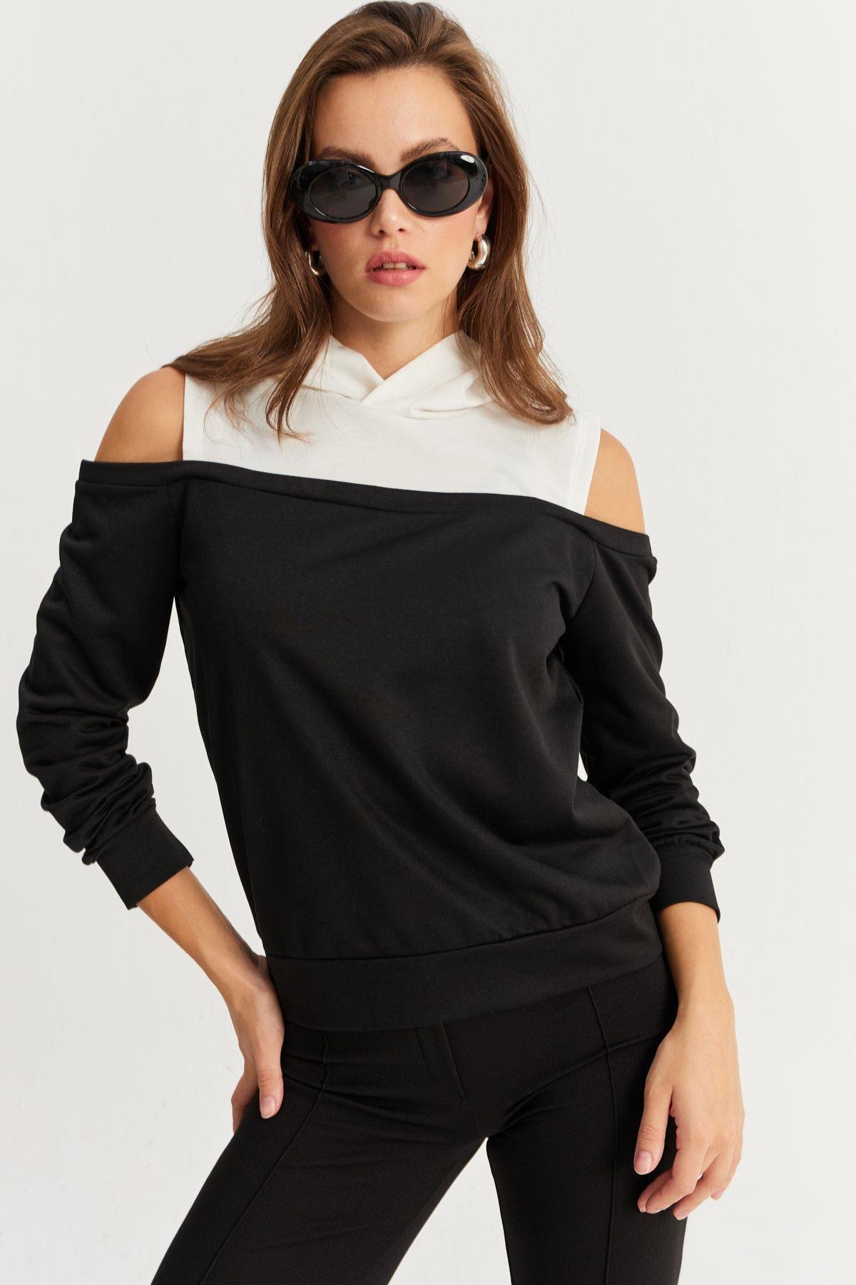 Kadın Siyah-Gri Omuzları Açık Sweatshirt TF15