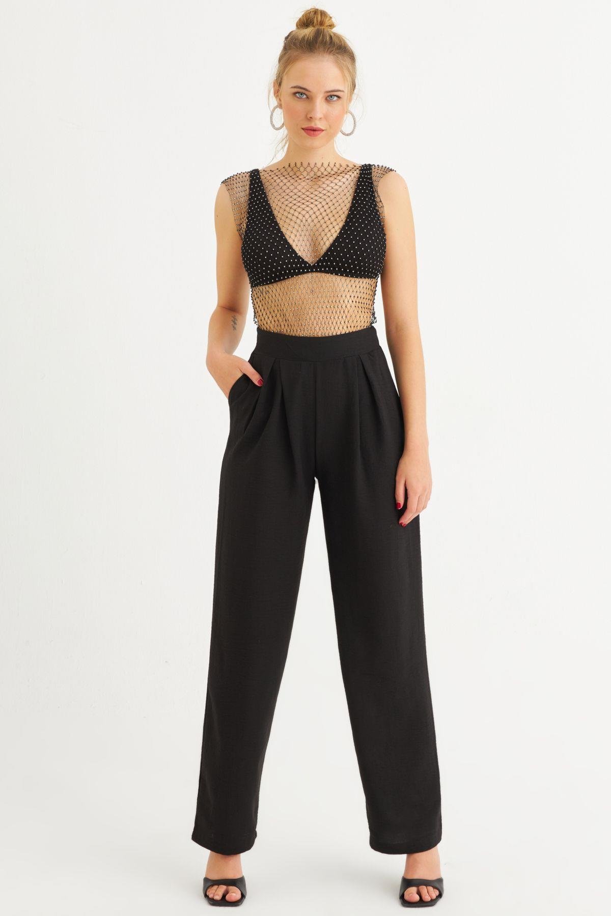 Kadın Siyah Muslin Cepli Pantolon RSP5003