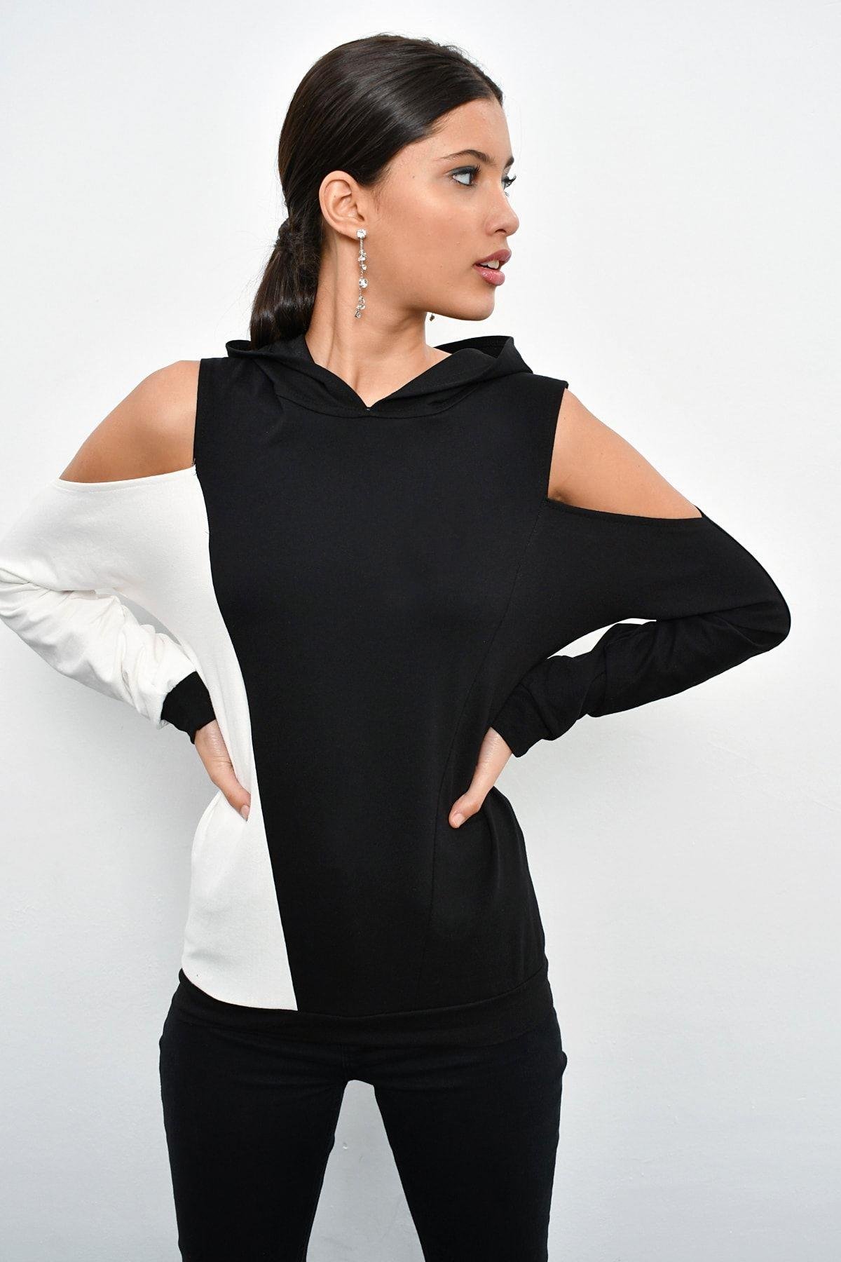 Kadın Siyah Renk Bloklu Omuzları Açık Sweatshirt B23