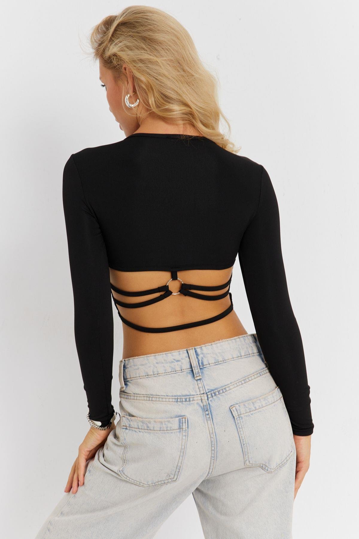 Kadın Siyah Sırt Detaylı Crop Bluz CG365