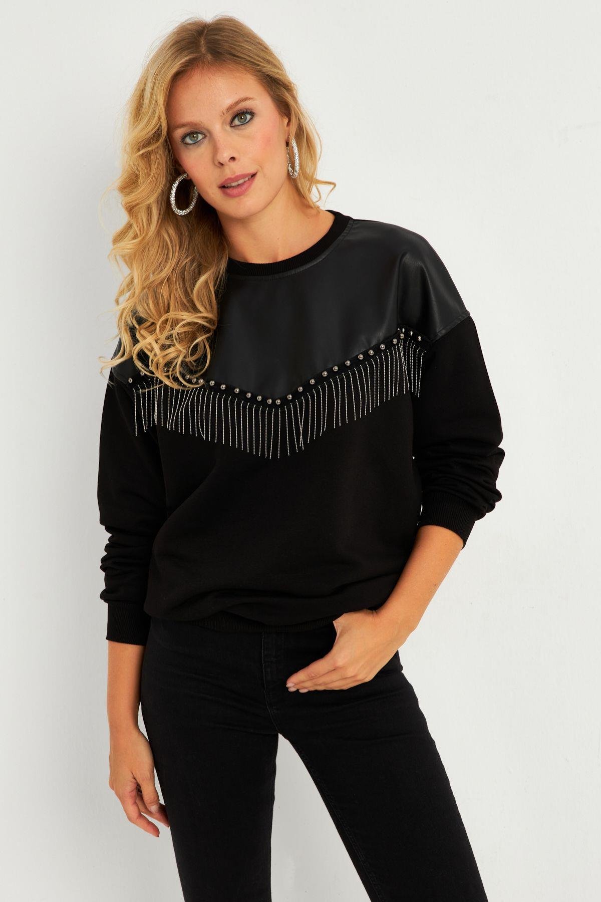 Kadın Siyah Suni Deri Bloklu Sweatshirt PKA808