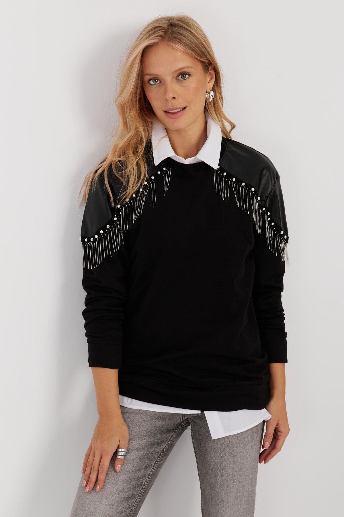 Kadın Siyah Suni Deri Bloklu Sweatshirt PKA807