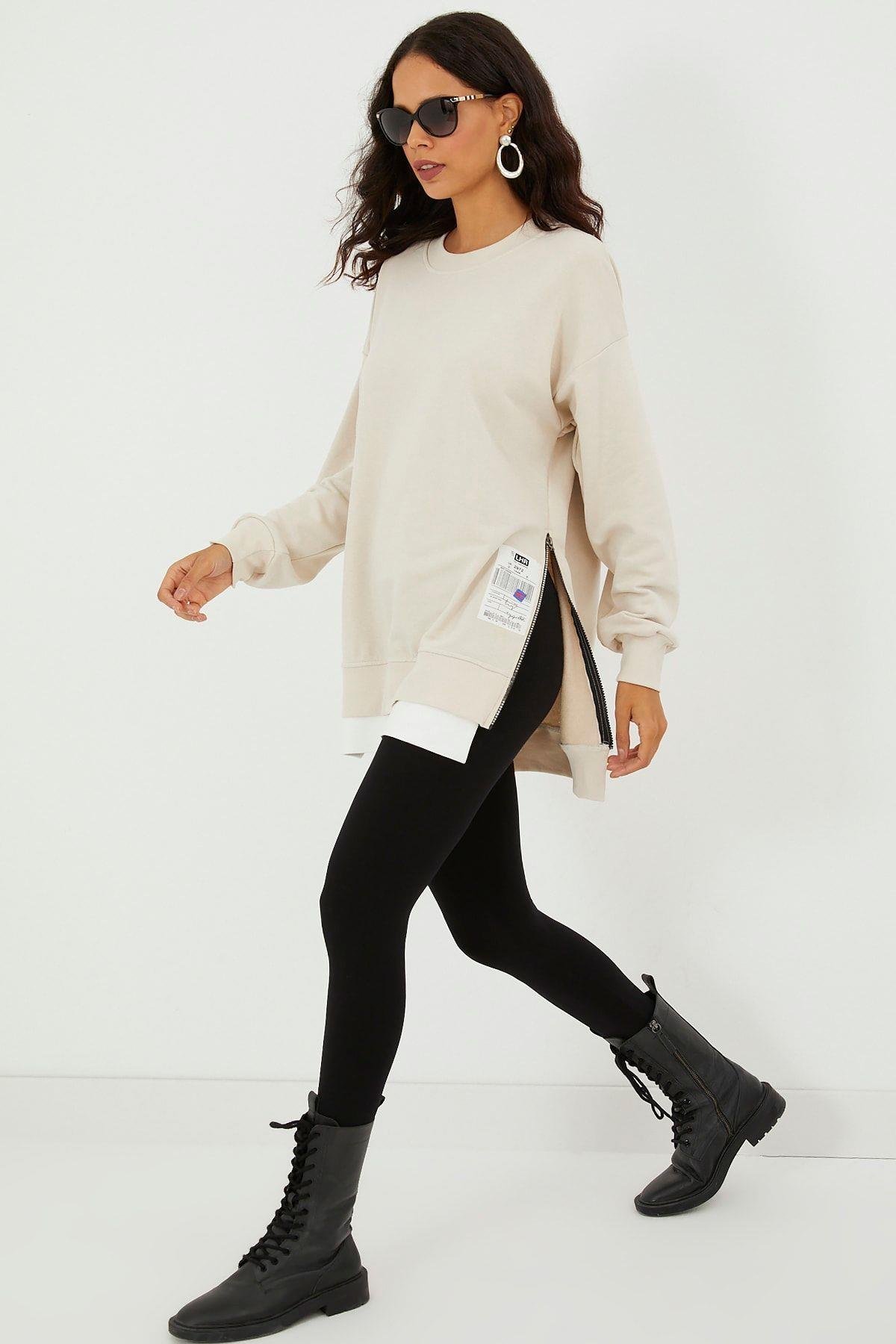 Kadın Siyah Yanları Fermuarlı Oversize Sweatshirt BK231095