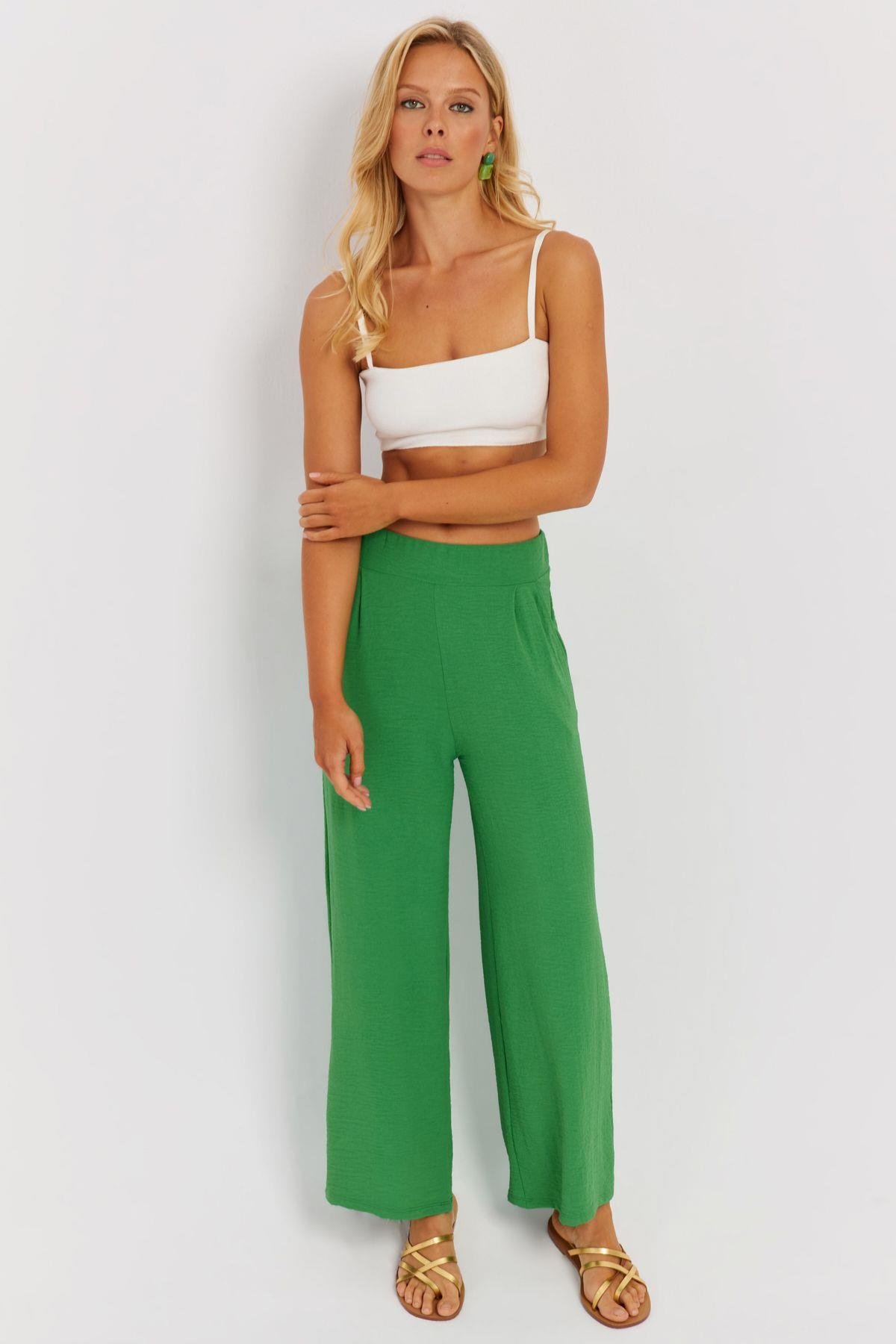 Kadın Yeşil Beli Lastikli Pantolon J23434