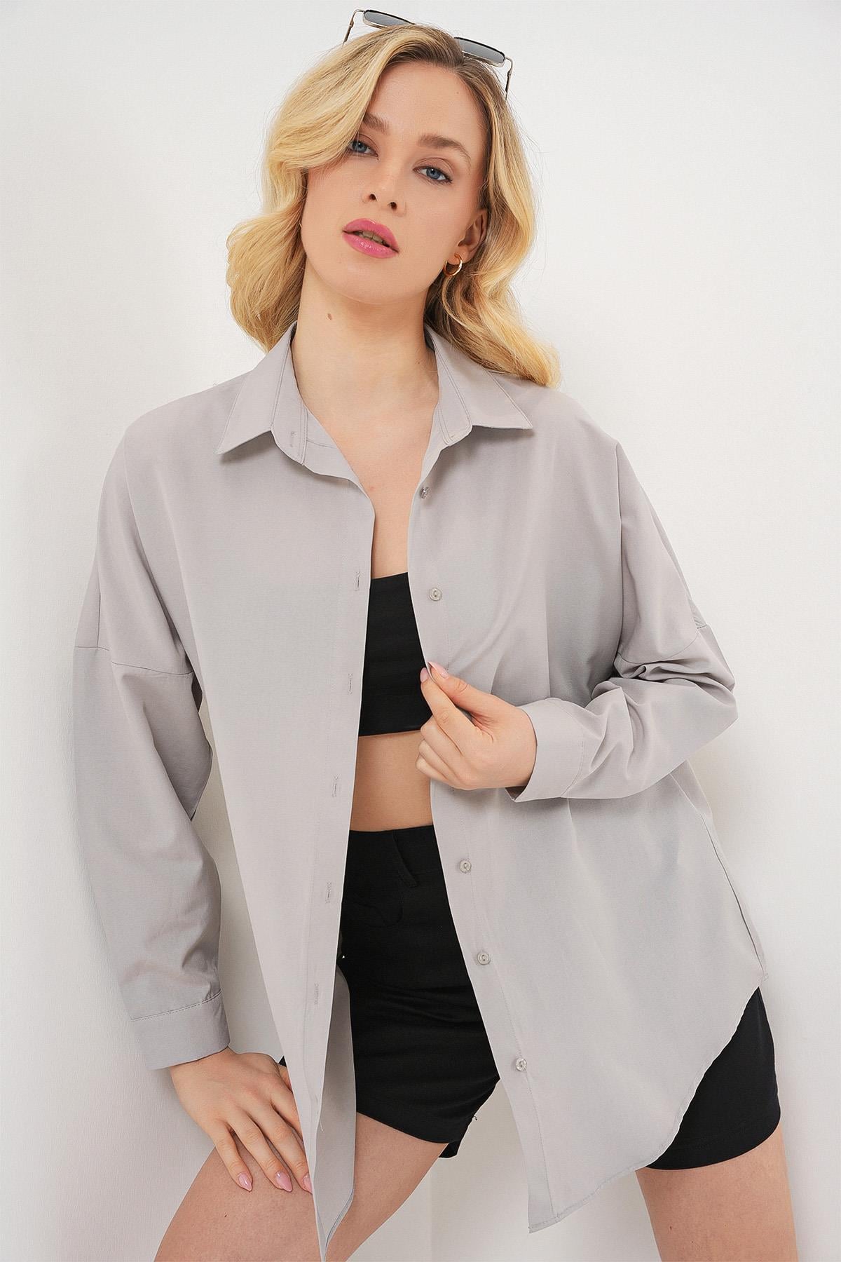3900 Oversize Uzun Basic Gömlek - A.Gri
