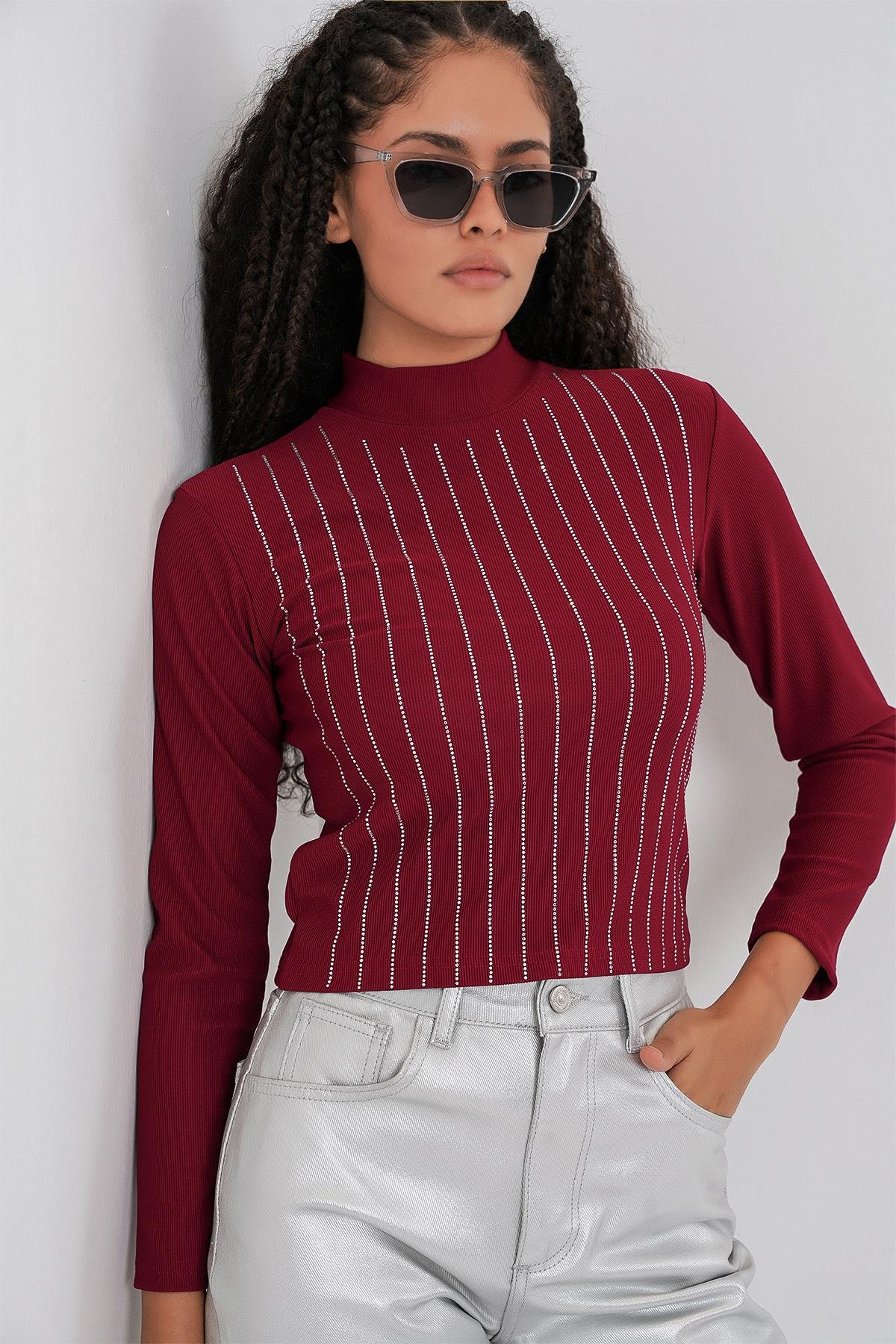 922 Taşlı Body - Bordo