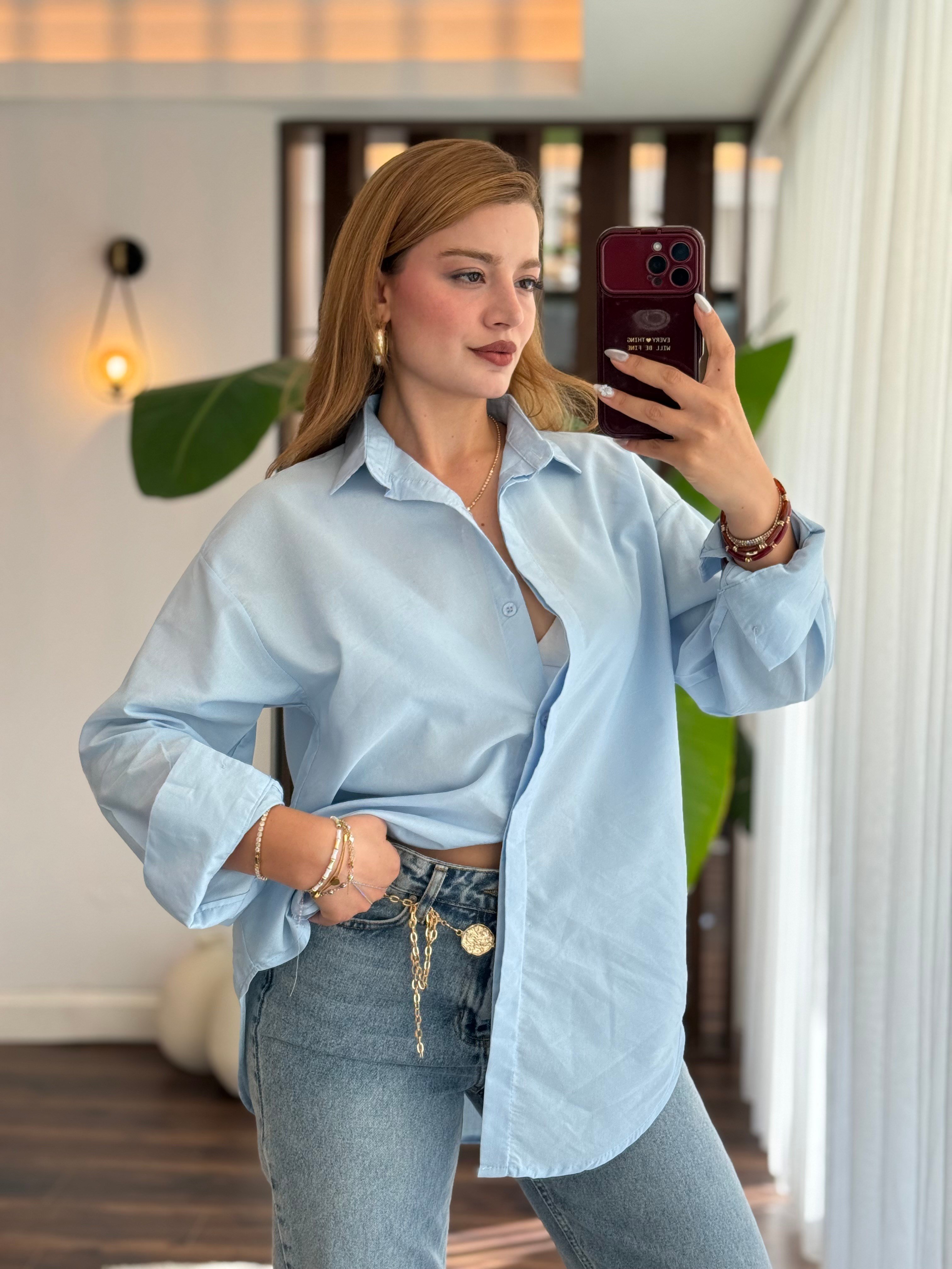 Açık Mavi Oversize Basic Gömlek