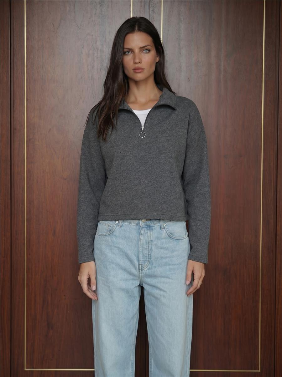 55449 Fermuarlı Yaka Örme Sweatshirt - Antrasit