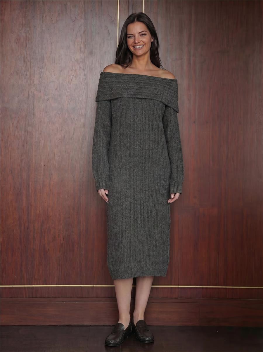 15920 Madonna Yaka Oversize Triko Elbise - Antrasit