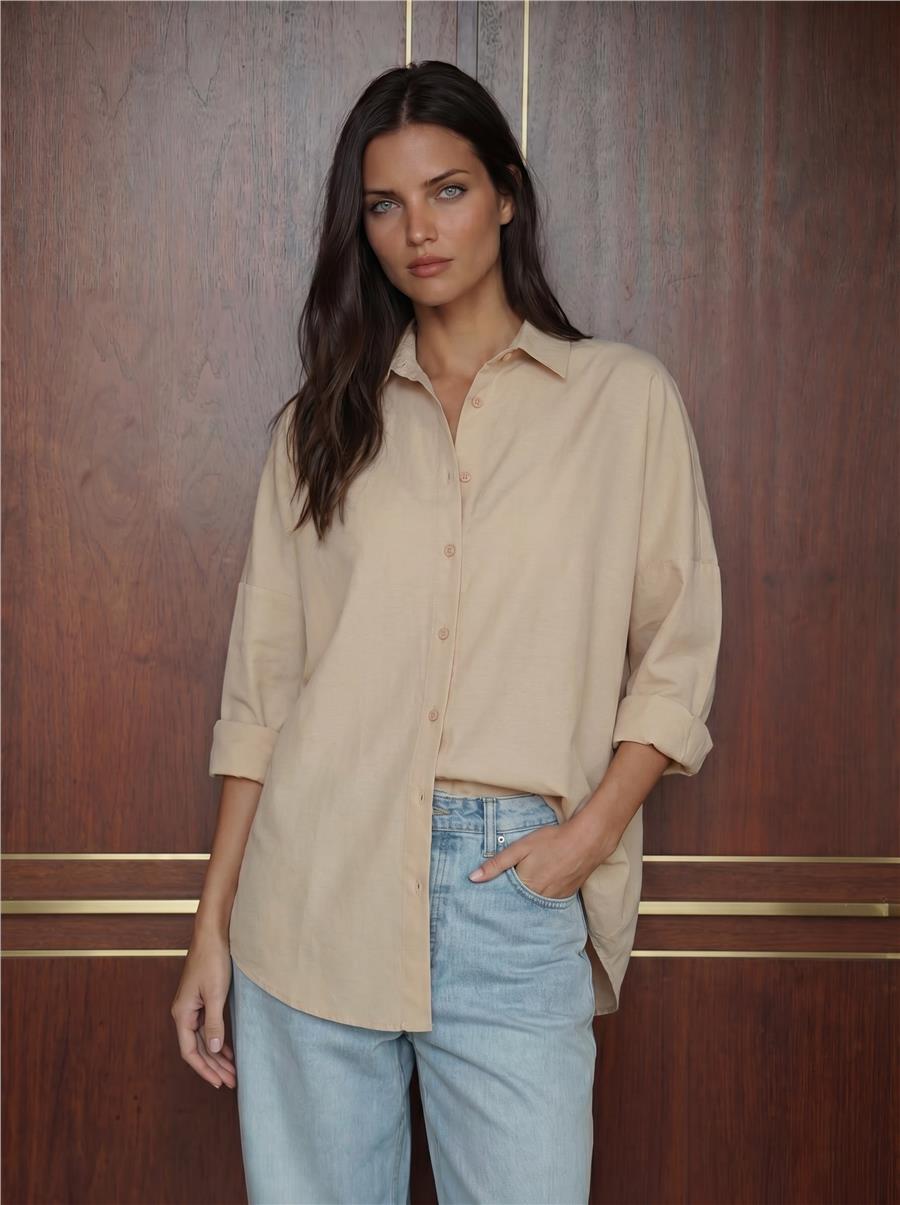 Bej Oversize Basic Gömlek