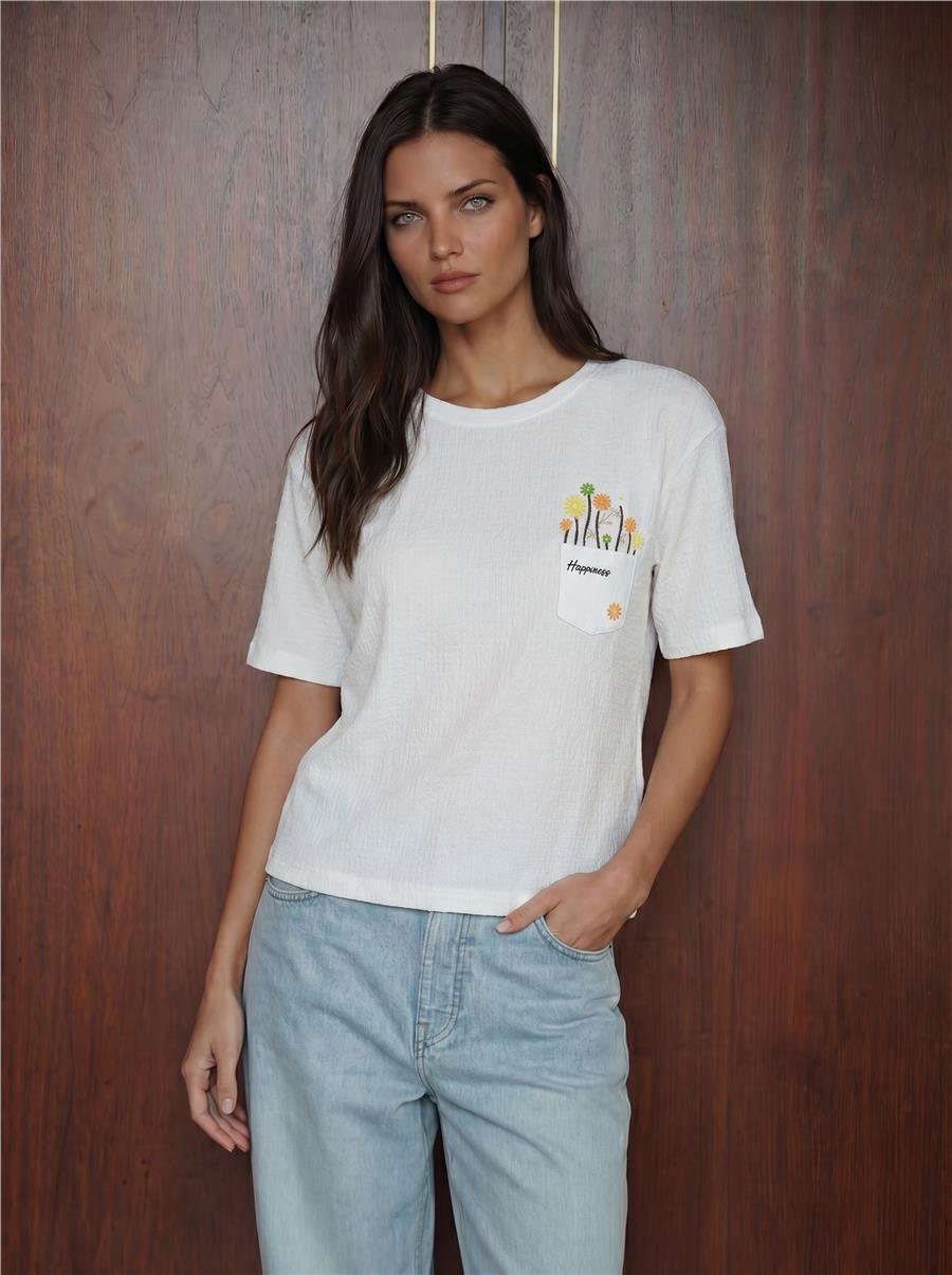 912 Baskılı Örme Basic Tişört - Beyaz