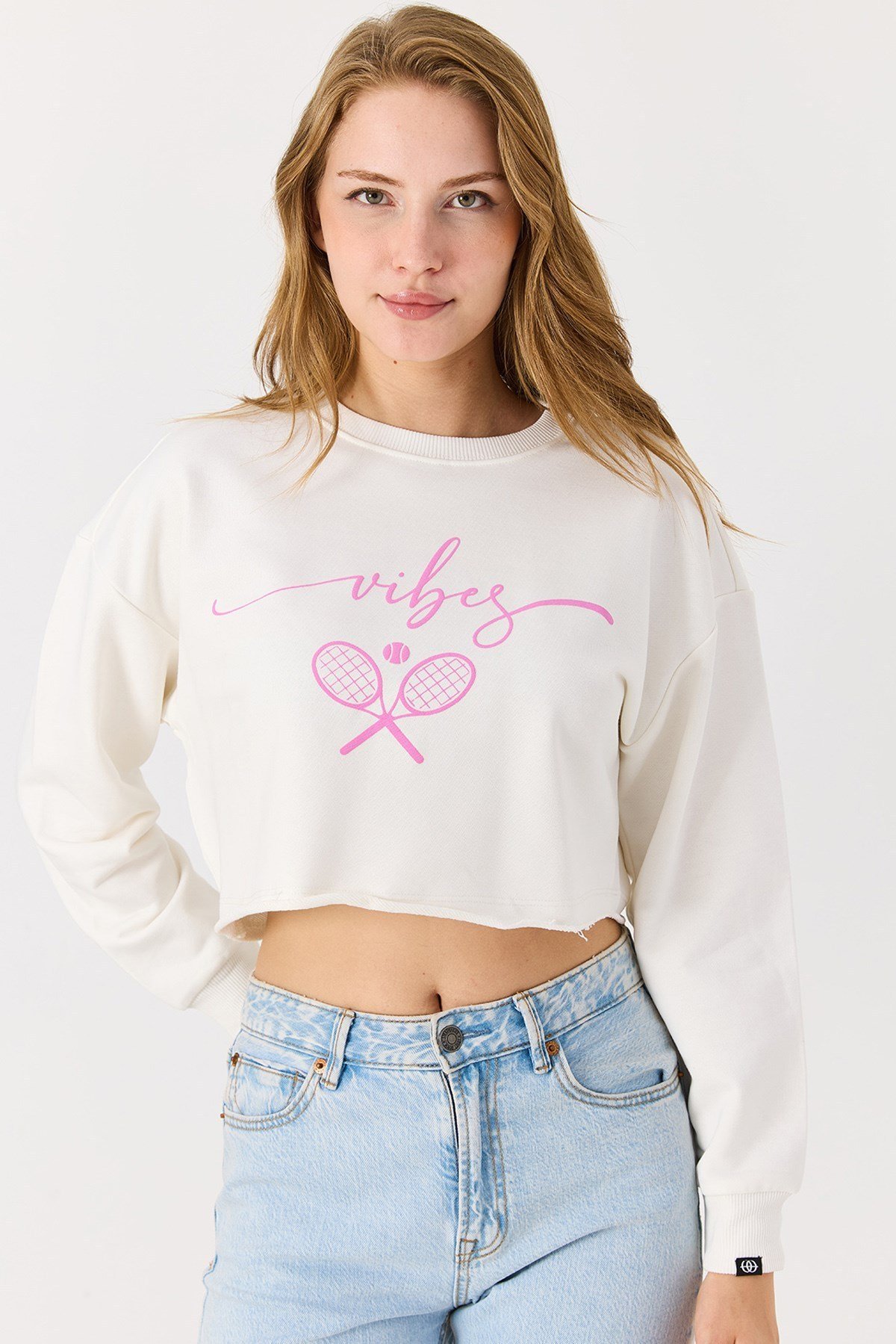 Beyaz İki İplik Crop Sweatshirt
