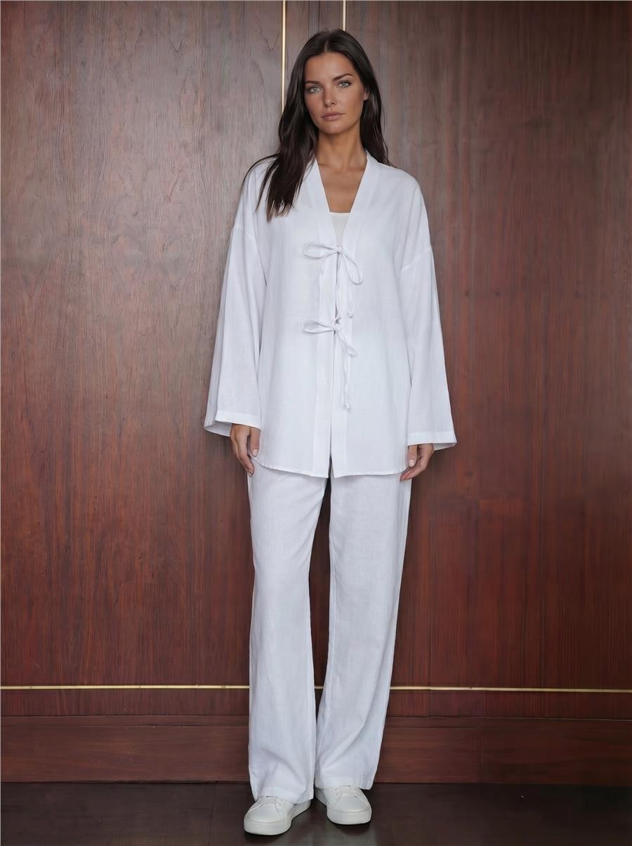 Keten Tesettür Kimono 5968 - Beyaz