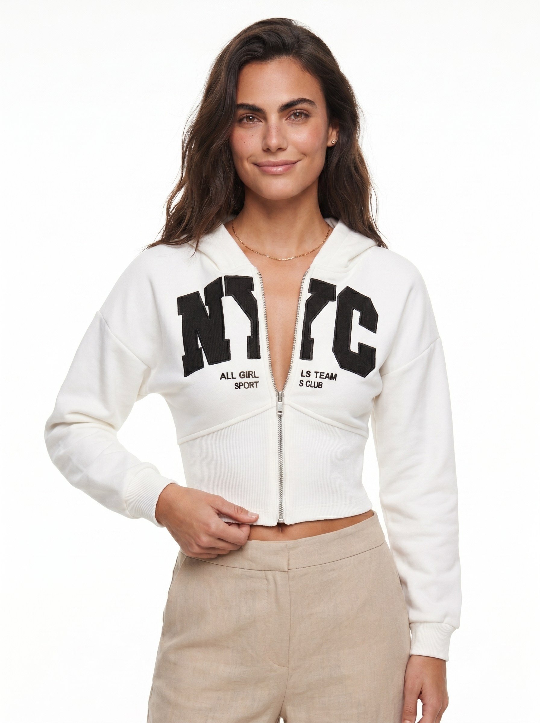 Beyaz Nakışlı Kapüşonlu Crop Hırka