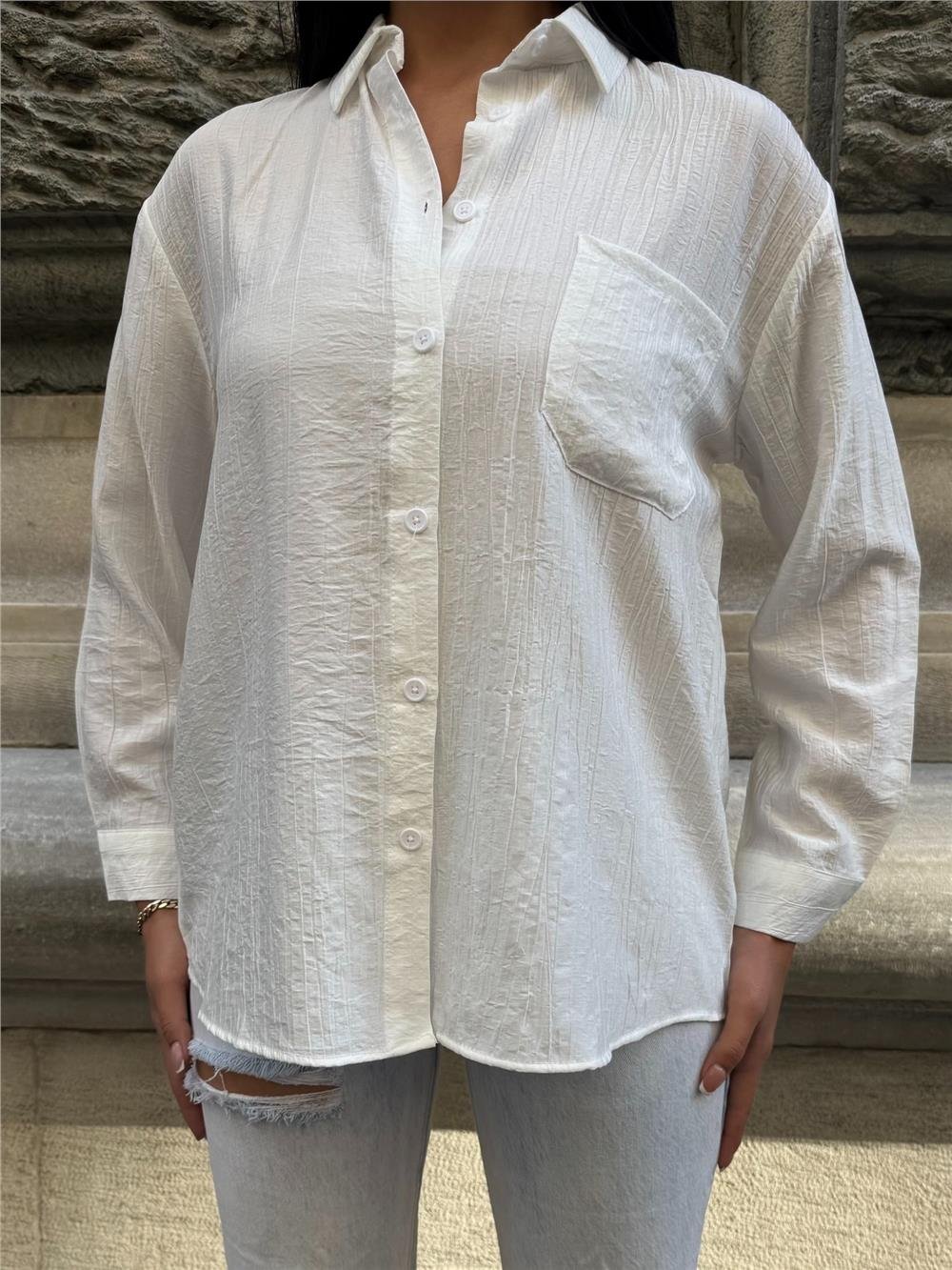 Beyaz Oversize Kırışık %100 Polyester Gömlek