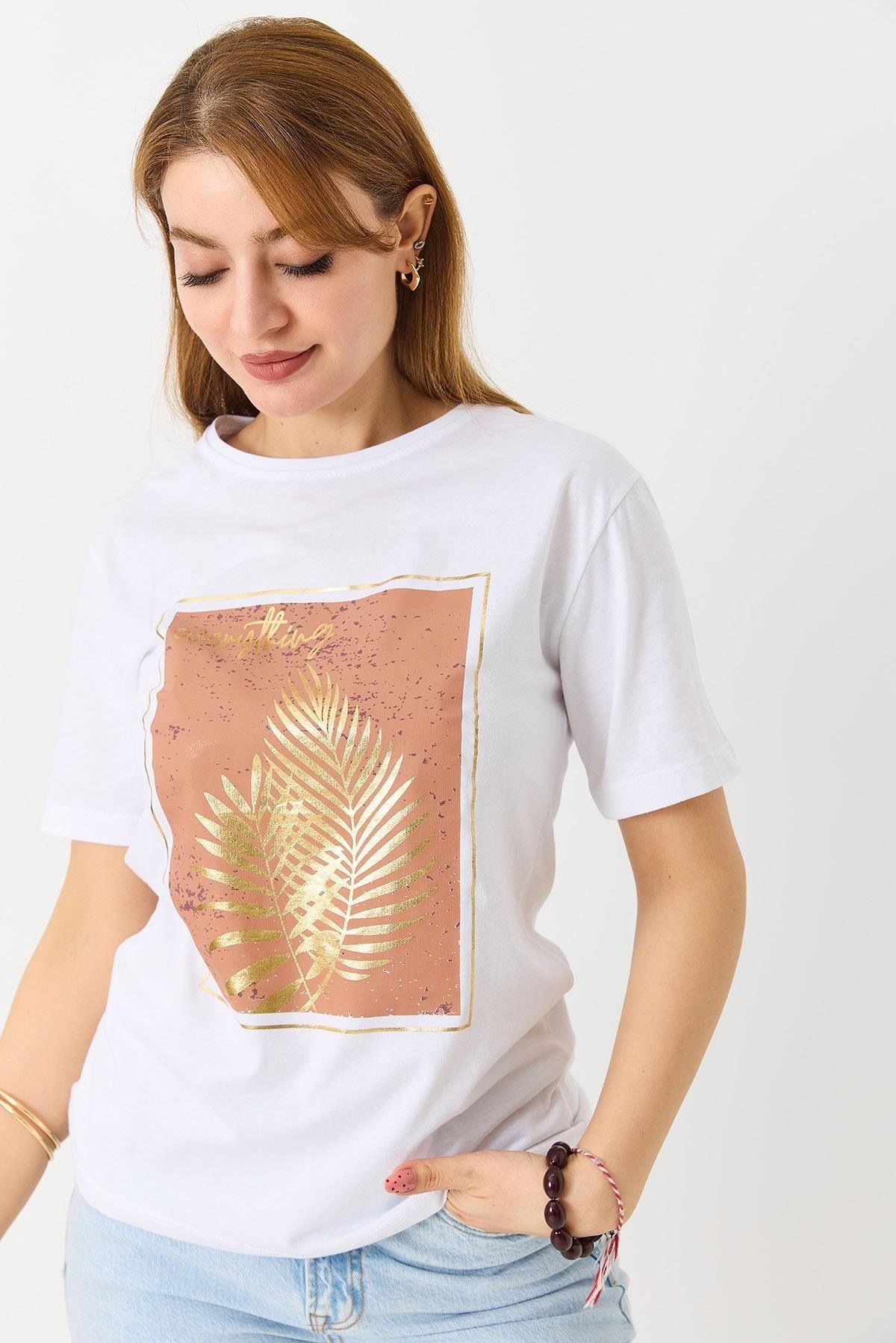 Beyaz Palmiye Baskılı Tişört