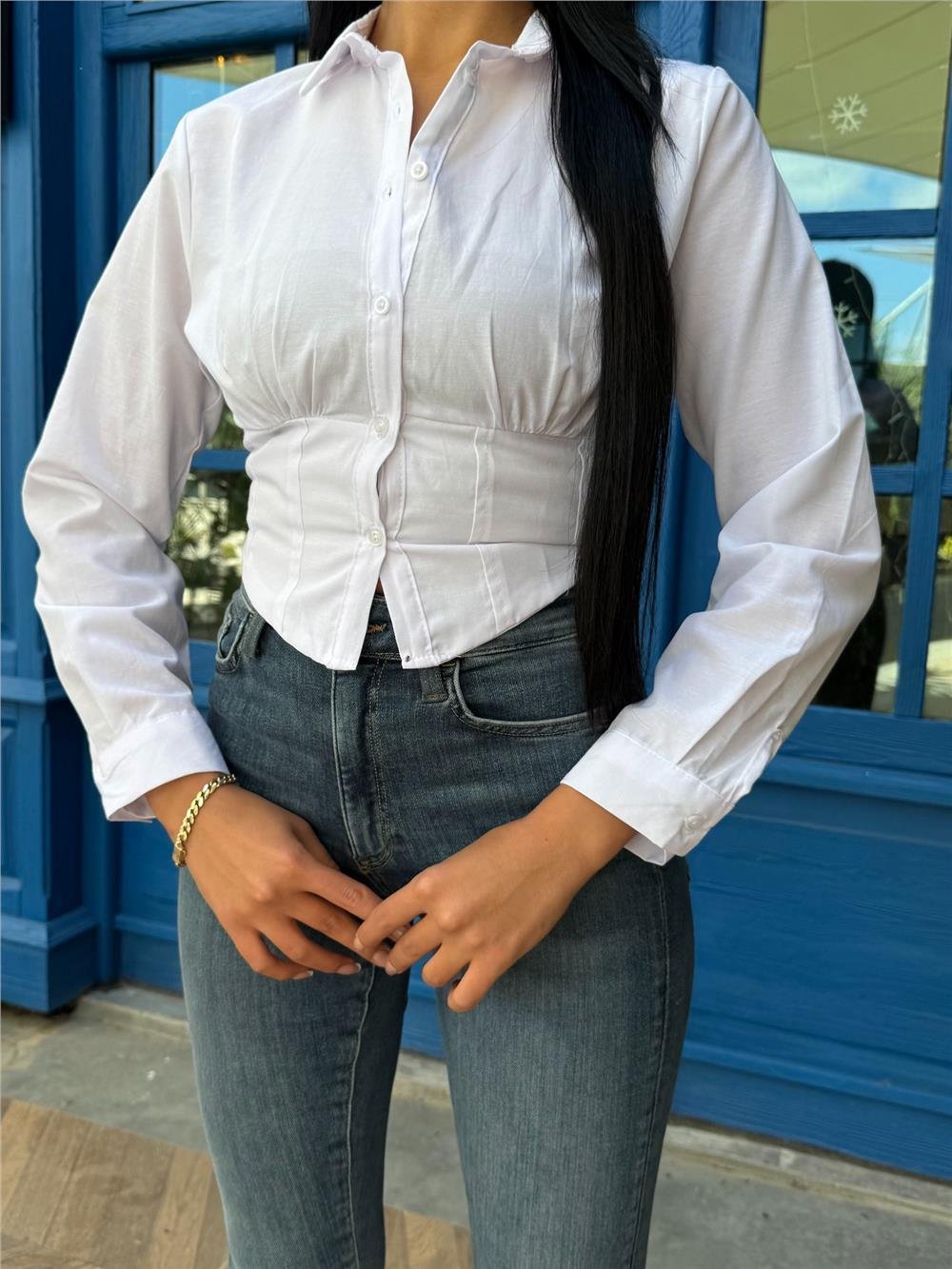 Beyaz Pamuk Polyester Parçalı Gömlek