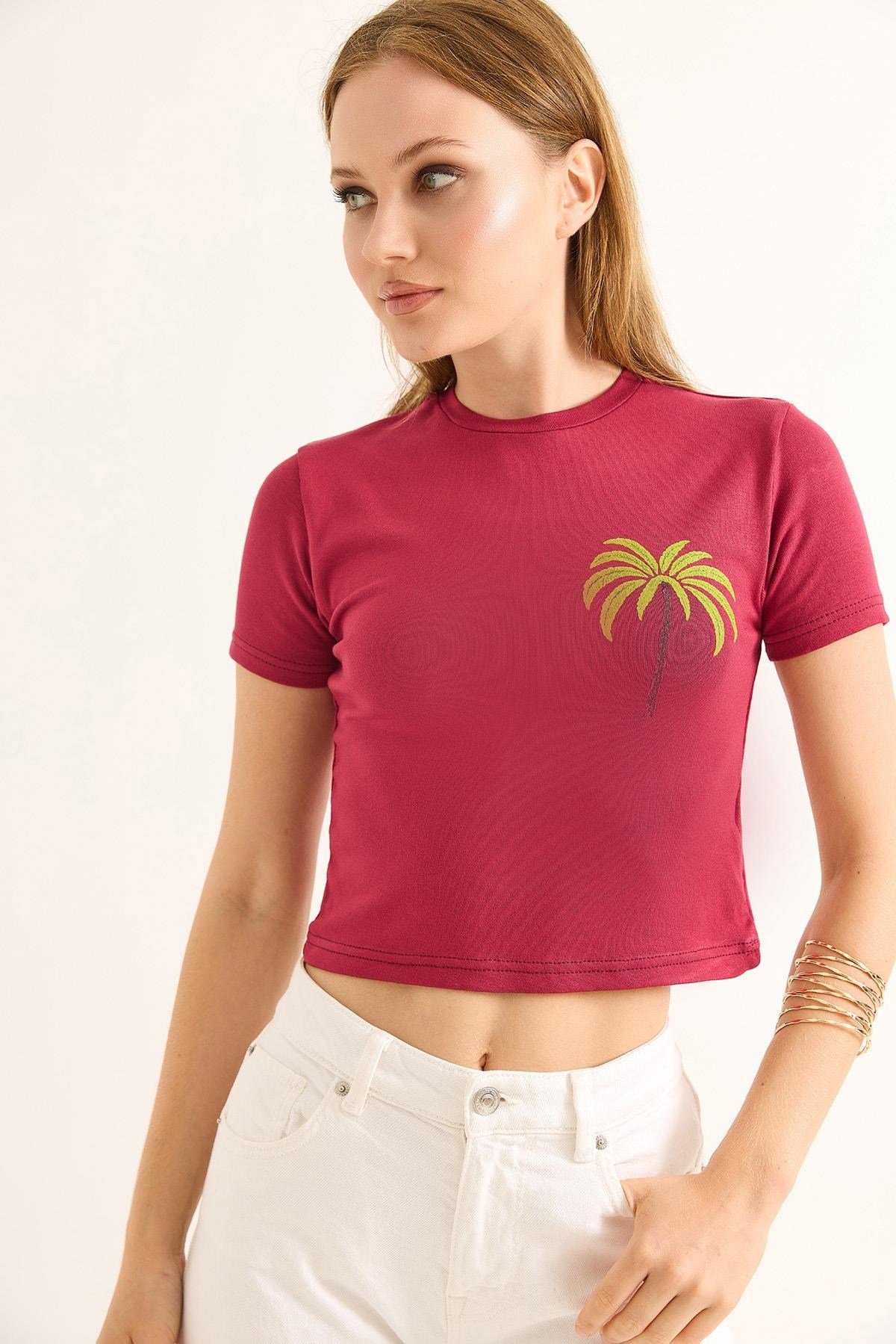 Bordo Bisiklet Yaka Crop Bluz