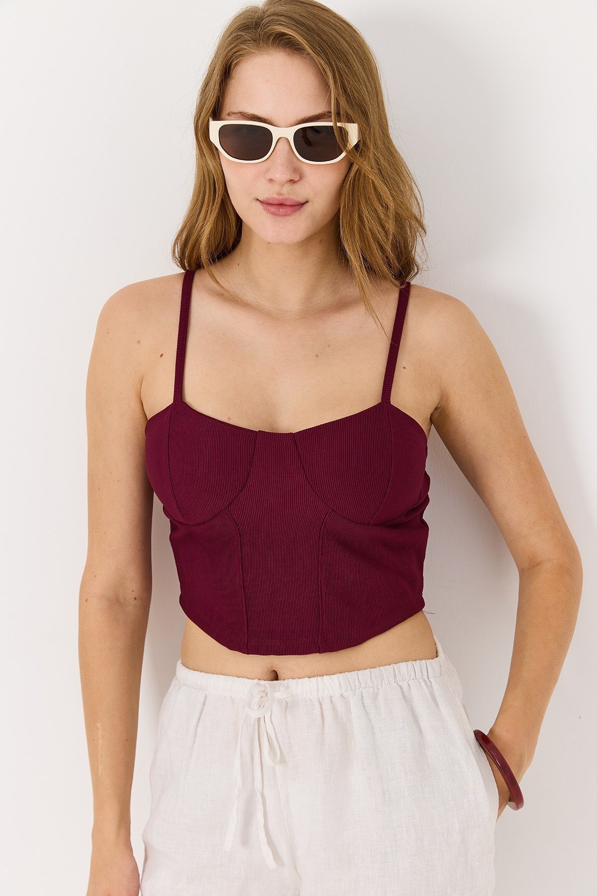 Bordo İp Askılı Crop Bluz
