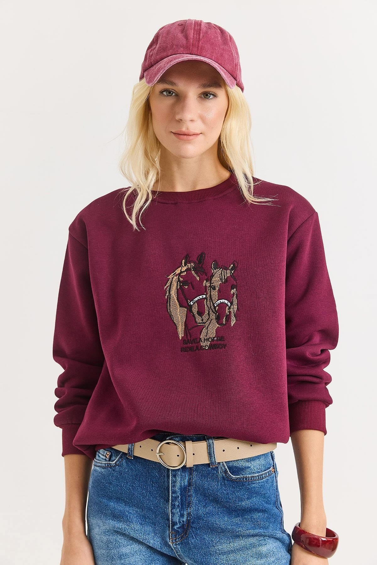 Bordo Nakışlı Üç İplik Sweatshirt