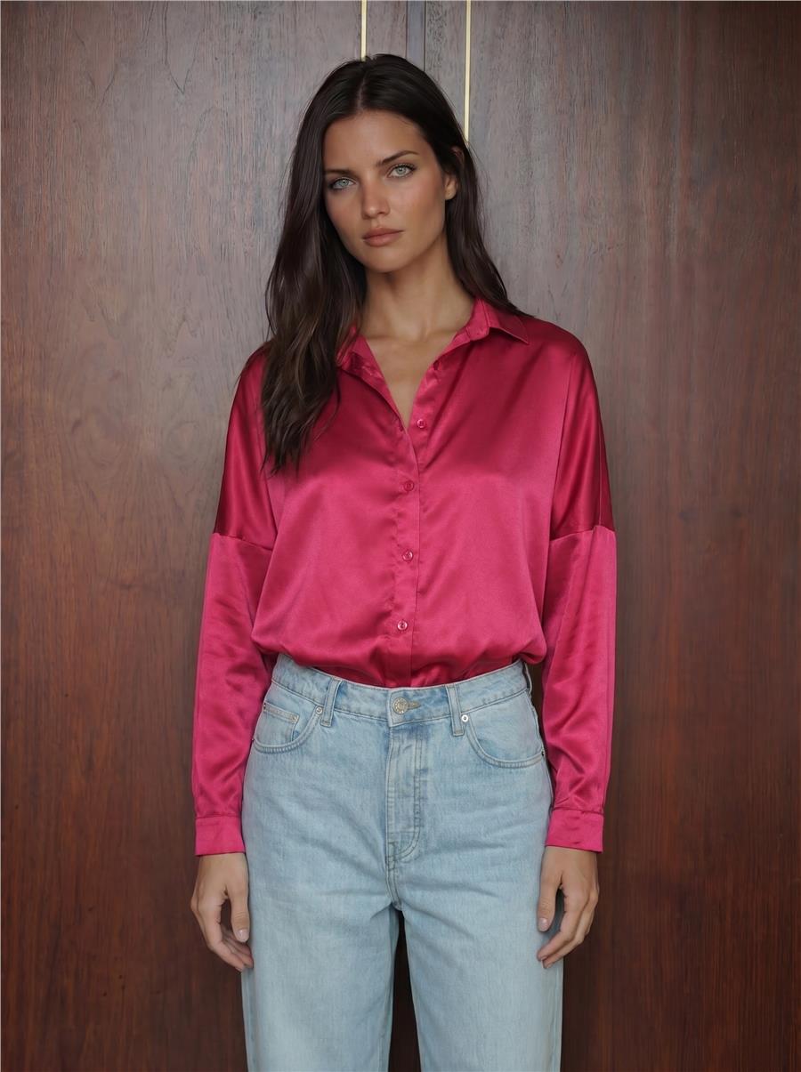 3985 Oversize Saten Gömlek - Bordo