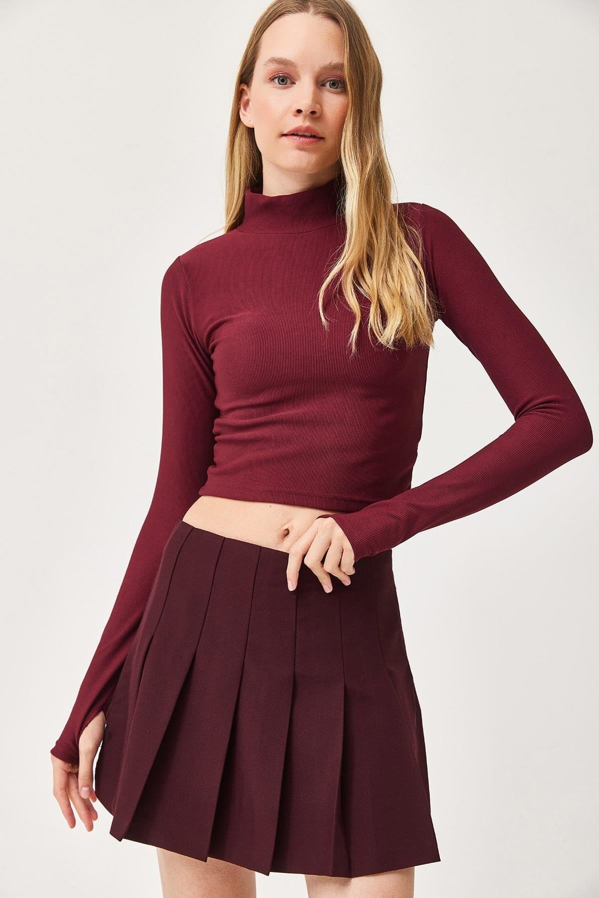 Bordo Parmak Geçmeli Örme Bluz