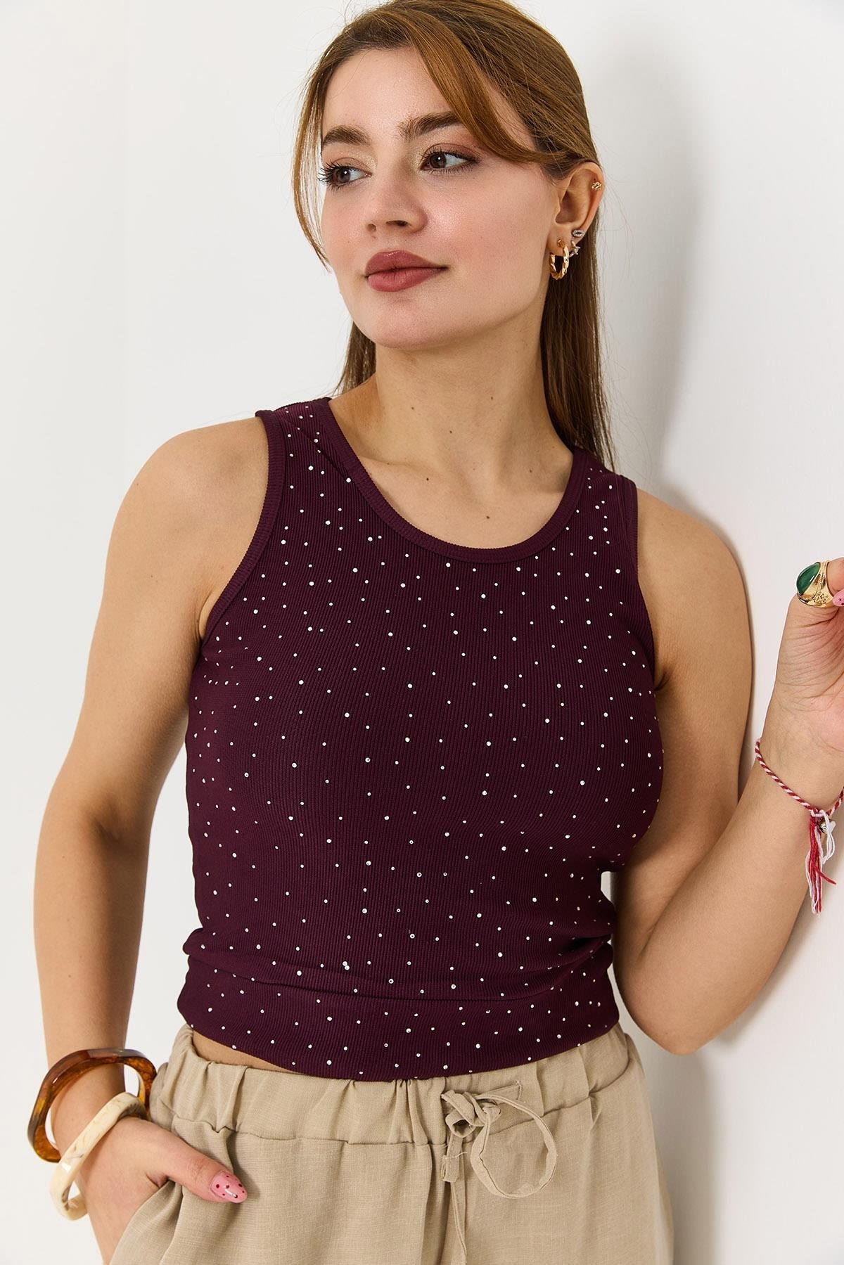 Bordo Taş Detaylı Kaşkorse Bluz