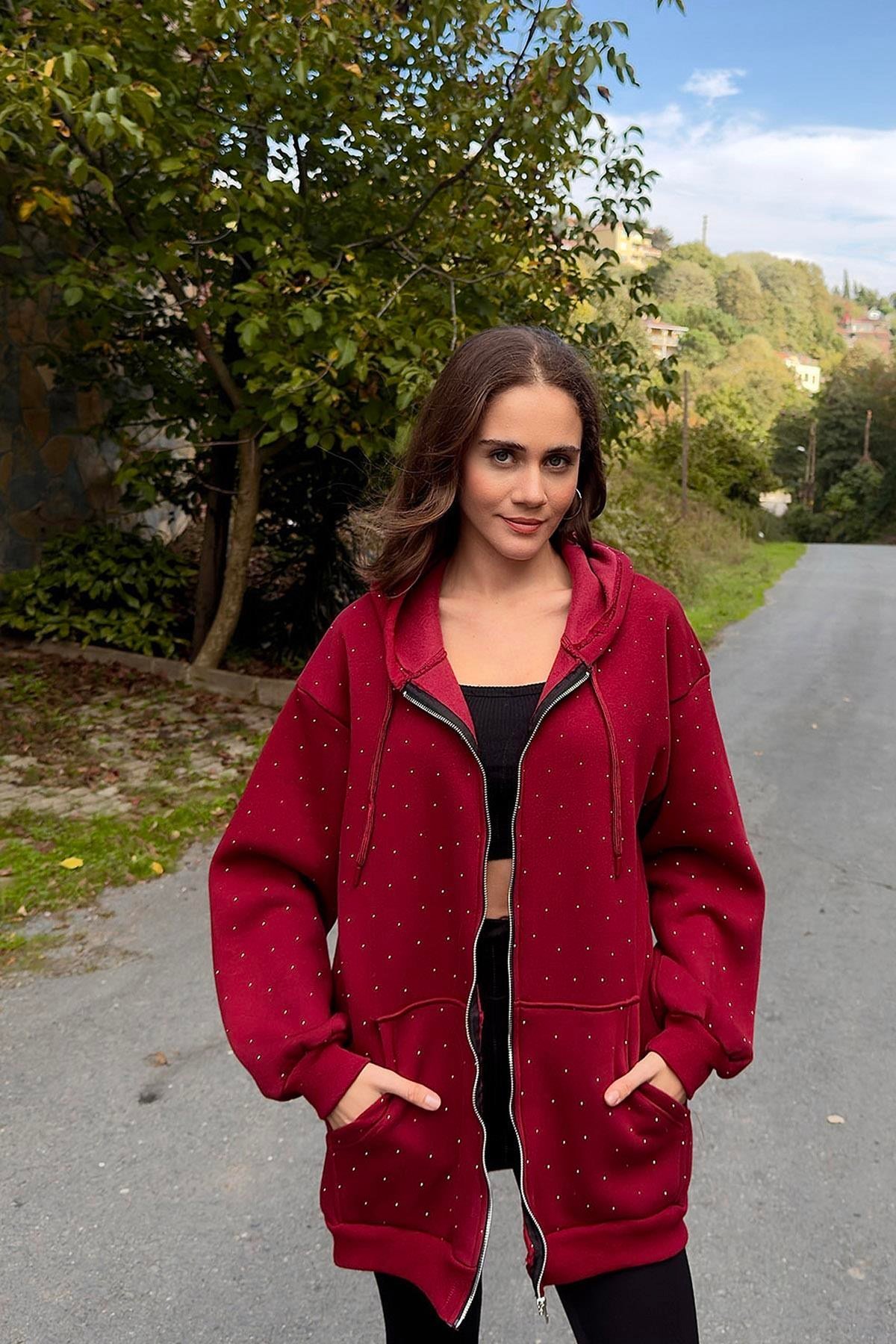 Bordo Taşlı Oversize Sweat Hırka