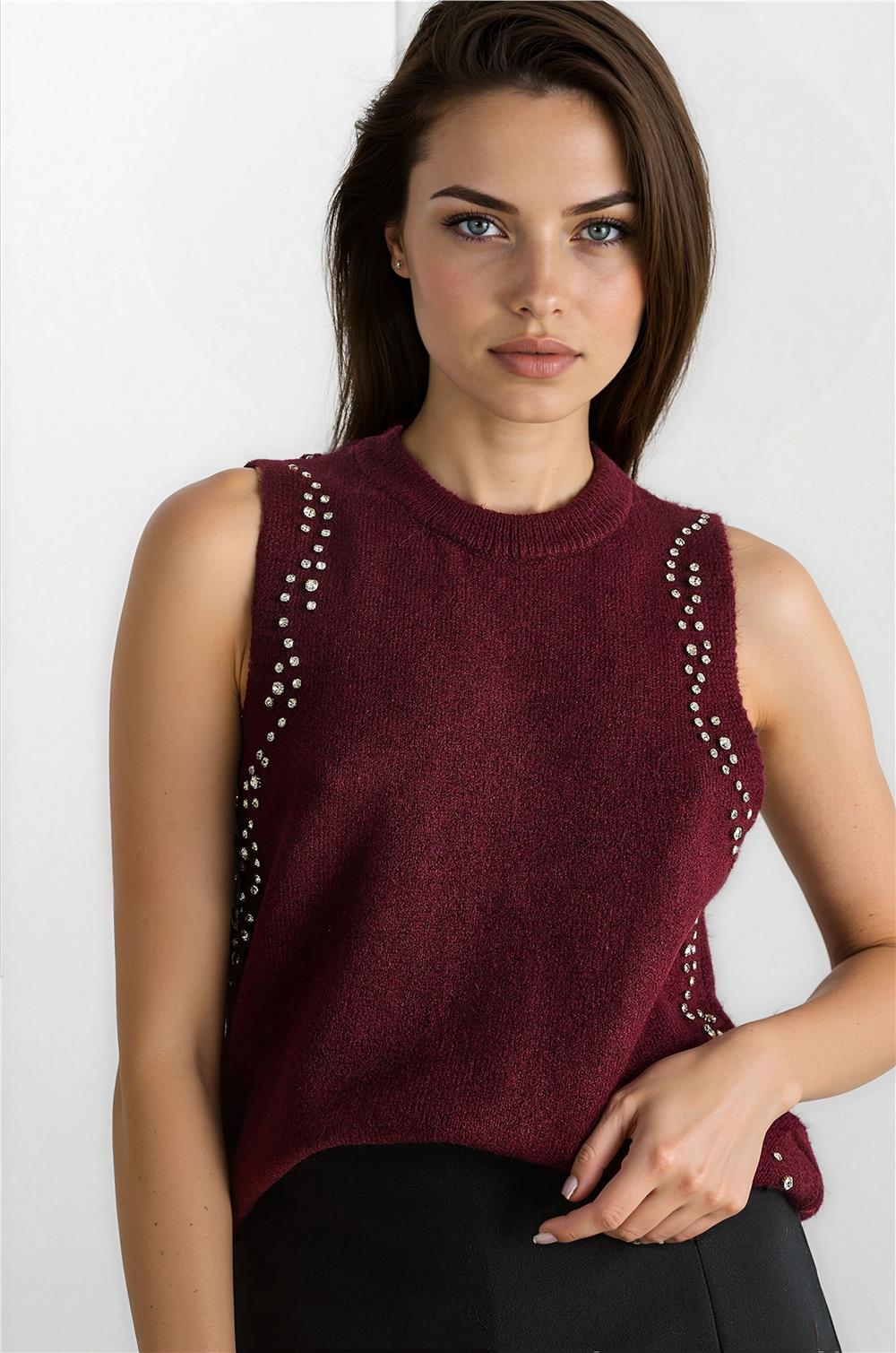 Bordo Taşlı Triko Bluz