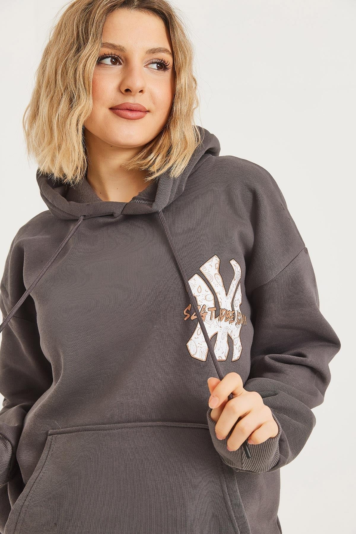 Füme Baskılı Kapüşonlu Sweatshirt