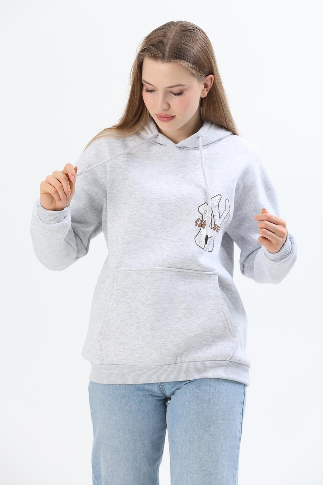 Gri Baskılı Kapüşonlu Sweatshirt